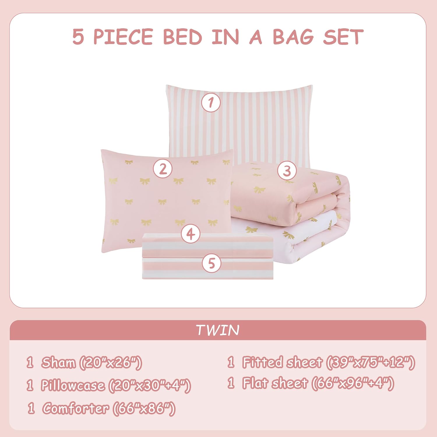 Twin Comforter Set with Sheets for Girls-5 Pieces Twin Bedding Sets with Pink Comforter, Sheets, Pillowcase & Sham for Kids (Pink Gold Bow, 66" X 86") - Image 6