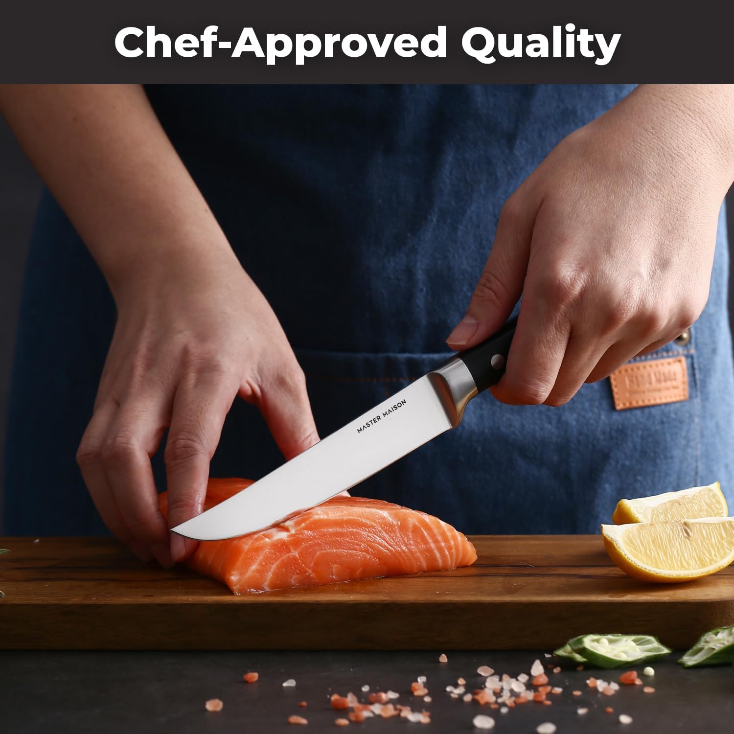 Master Maison 4-Piece 5" Ultra Premium Steak Knife Set | 4 German Non-Serrated Stainless Steel Kitchen Steak Knives + Storage Gift Box | Anti-Fatigue Ergonomic Full-Tang Triple-Riveted Handle (Black)