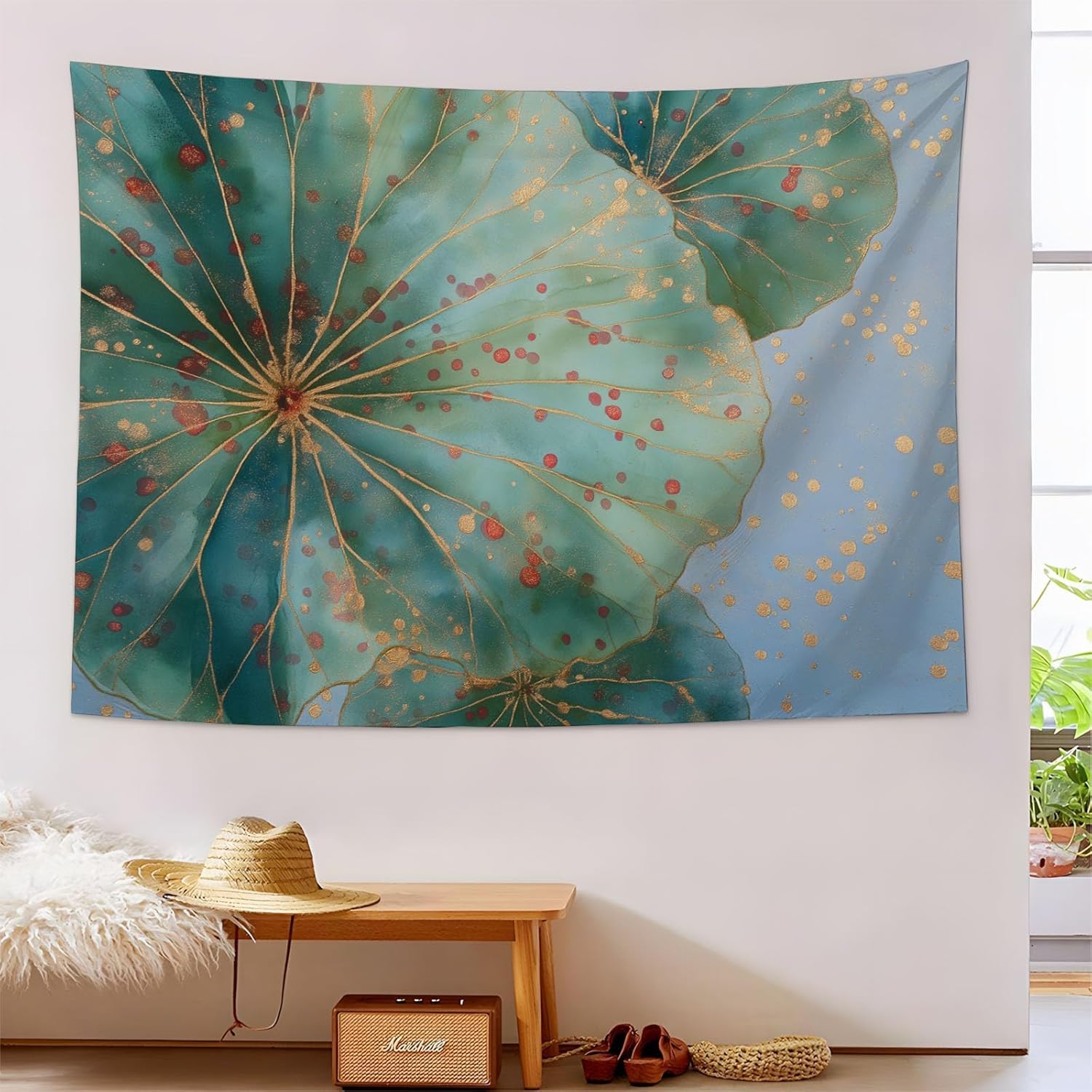 Arazzo da Parete Foglia Loto Acquerello 240x260 cm Arazzo Extra Grande Verde con Stampa 3D Decorazione da Parete per Camera da Letto, Soggiorno e Dormitorio a/6856