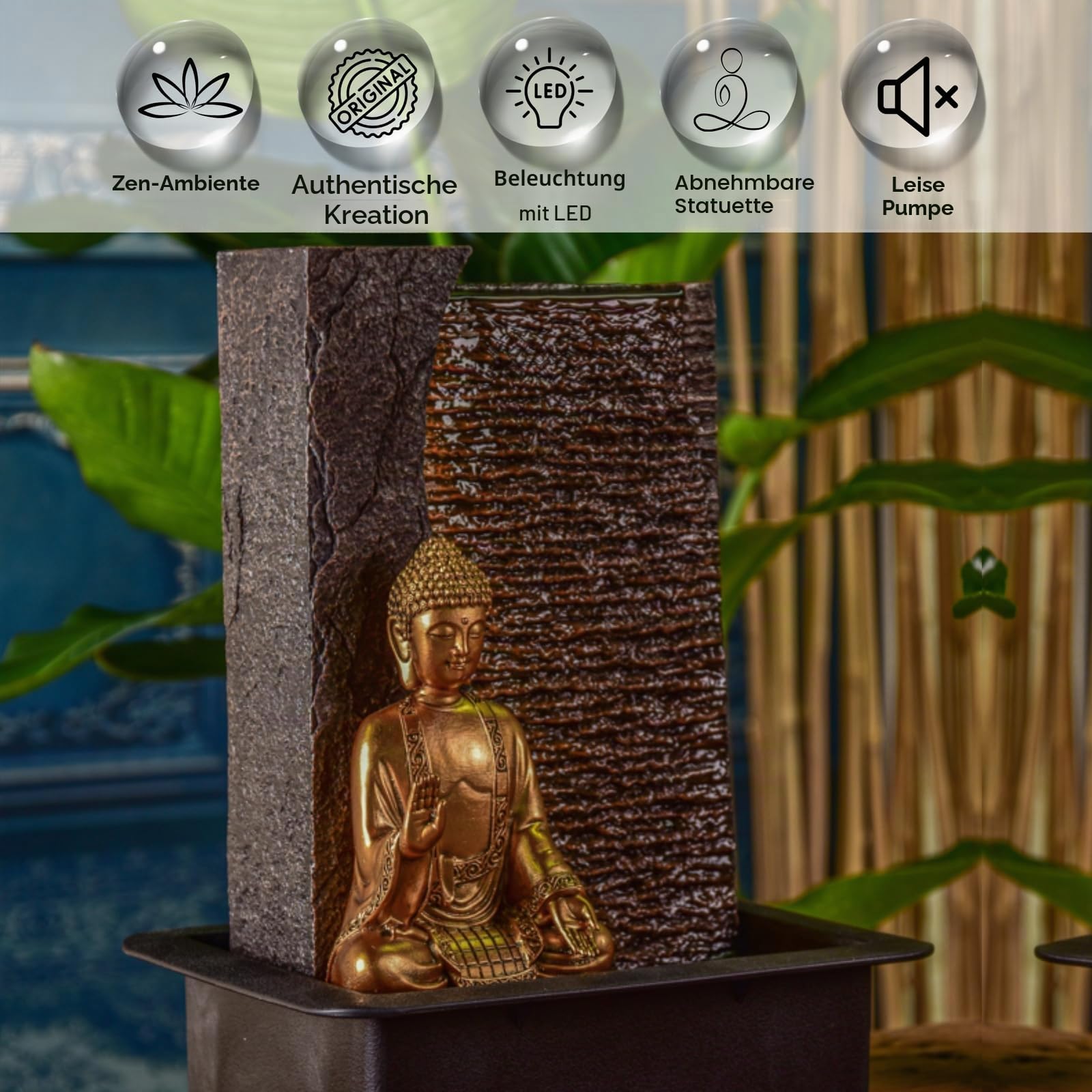 Zen'Light - Zimmerbrunnen Buddha Jati abnehmbar mit gelbem LED-Band - Zen-Dekor Ideal für Meditation und Entspannung - Leise Wasserpumpe - Glücksbrunnen mit geschlossenem Kreislauf - H 40cm