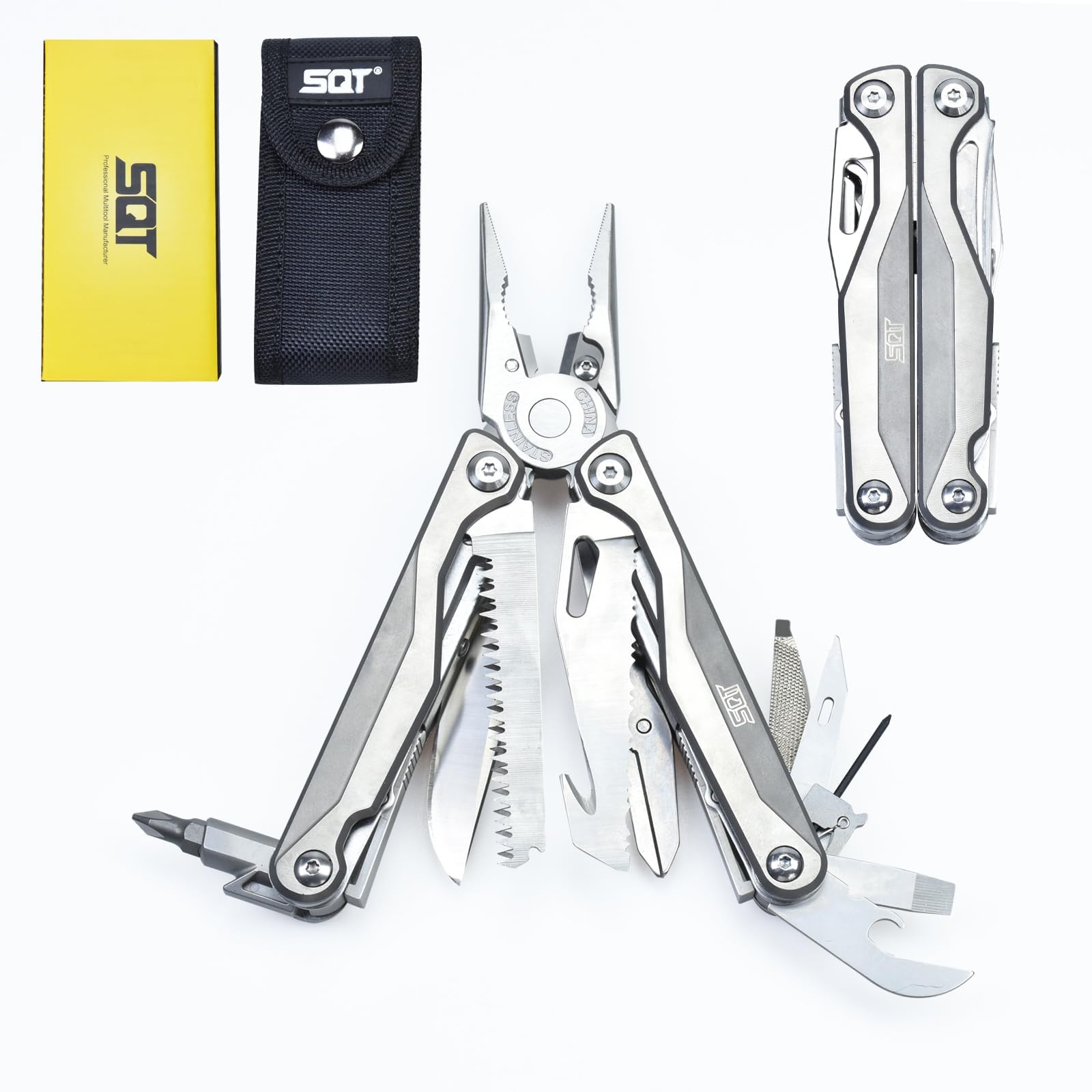 SQT Multifunktionszange Multi-Tool Multifunktion mit Zange, Magnetische Schraubendreher & Nylonetui für Camping, Wandern, Autoreparatur (Griff aus Titanlegierung)