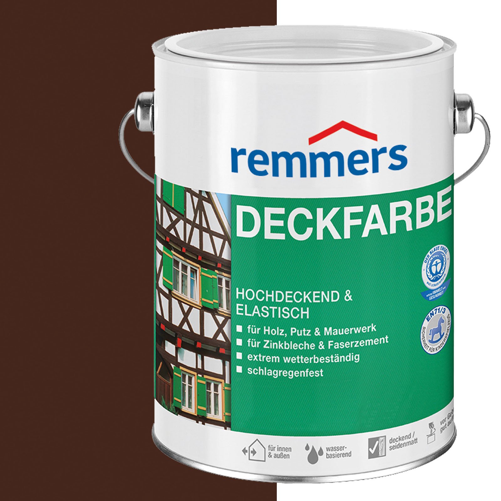 Remmers Deckfarbe nussbraun, 10 Liter, Deckfarbe für innen und außen, Wetterschutzfarbe viele Untergründe, hochdeckend, wetterfest