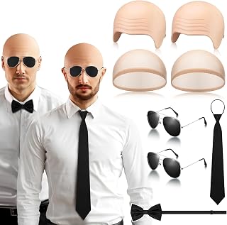 8 Pcs Halloween Latex Bald Caps with Head Wig Caps Sunglasses Tie and Bow Tie for Adults Men Halloween Party Cosplay(Wrinkle Style)