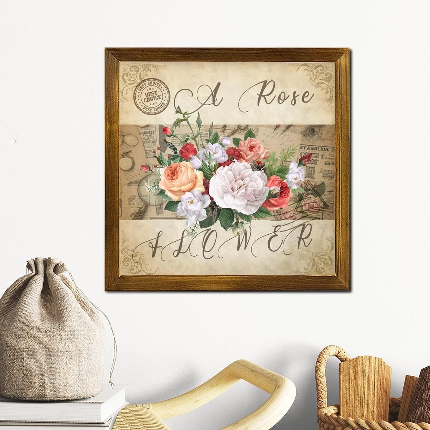 Vintage French Rose Flower Wood Framed Signs Retro Newspaper Music Note Wooden Plaque Classic Hello Spring Flower Wall Decor Farmhouse Rustic Wooden for Home Bathroom Indoor Kitchen Garden 12x12 inch