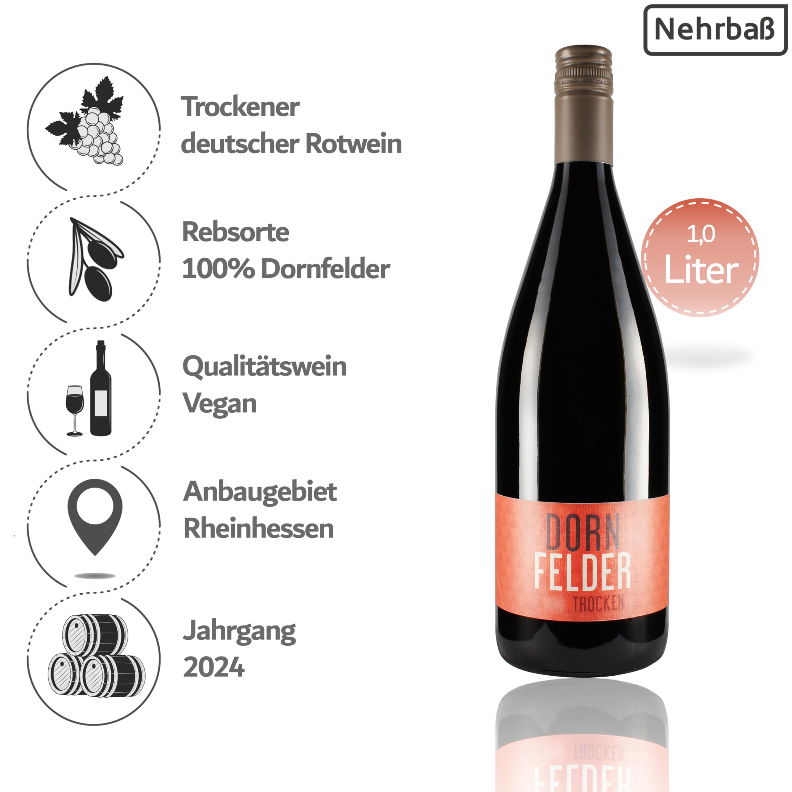 Nehrbaß - “Dornfelder 2024” - Rotwein trocken 6 x á 1 Liter - Qualitätswein - Vegan - Aus Deutschland (Rheinhessen) - mit Schraubverschluss