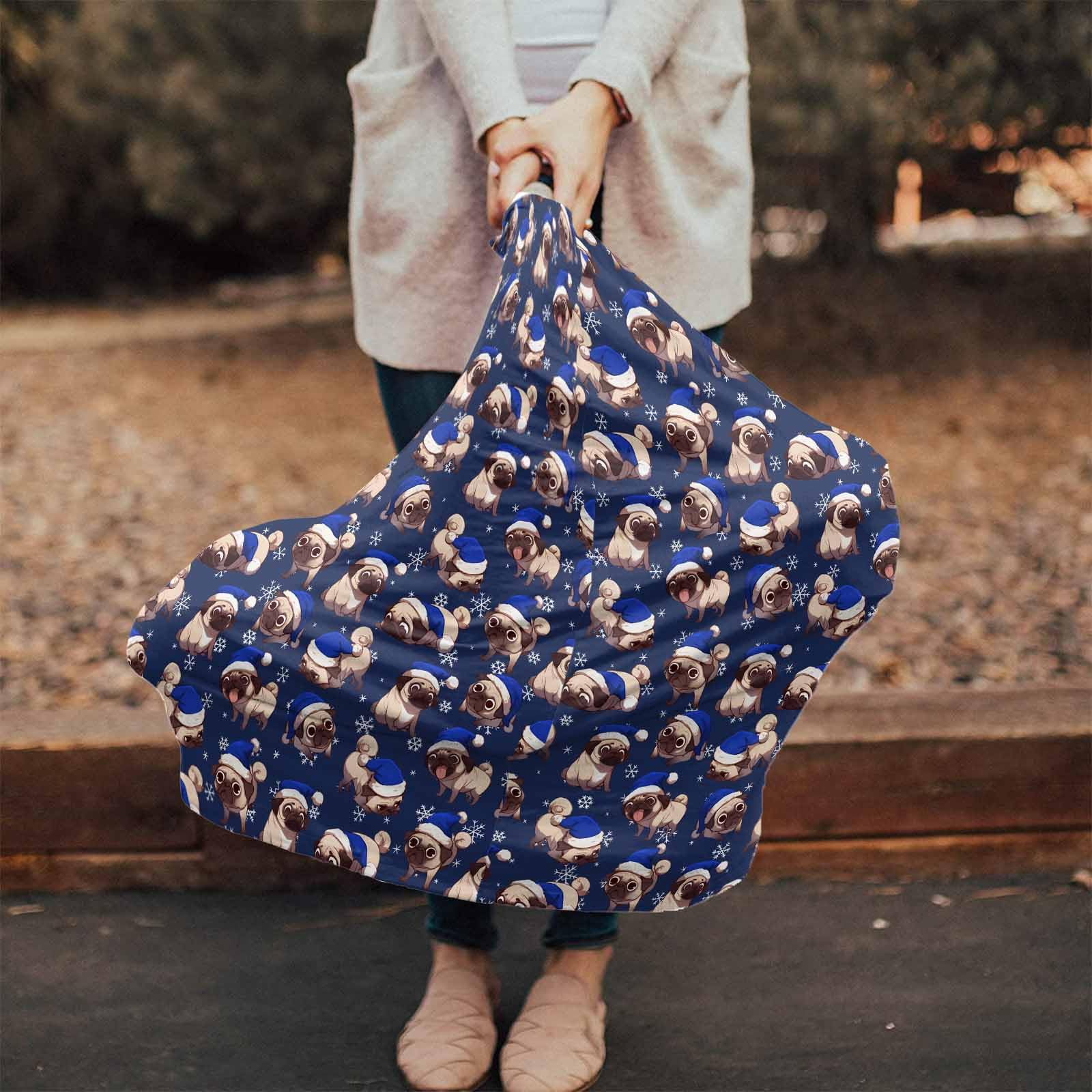 Nursing Cover for Breastfeeding Scarf, Merry Christmas Snowflake Dogs Santa Hat Blue Baby Car Covers Super Soft Multi Use for Canopy Shopping Cart Cover Blanket Stroller Cover