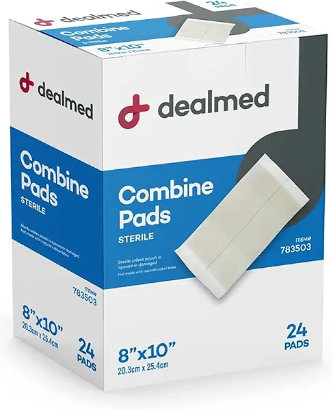 Dealmed Abdominal Combine Pads 8"x10" (24-Pack) Sterile Individually Wrapped, ABD Pads, Absorbent, Non Adherent for Wound Care, Drainage, First Aid, 24/Box (1 Pack)