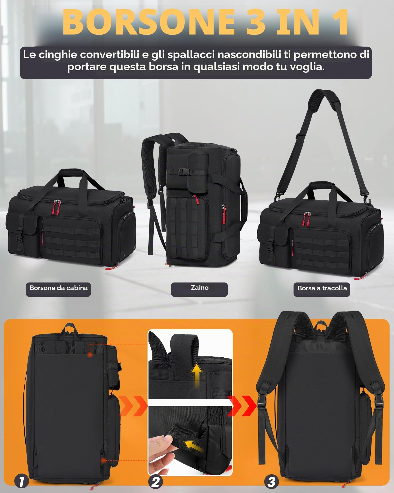 RAINSMORE 3 in 1 Borsone Palestra Uomo Donne Borsa Sportiva 45L Borsone Da Viaggio Grande Bagaglio a Mano con Scomparto Scarpe e Laptop Funzione Zaino