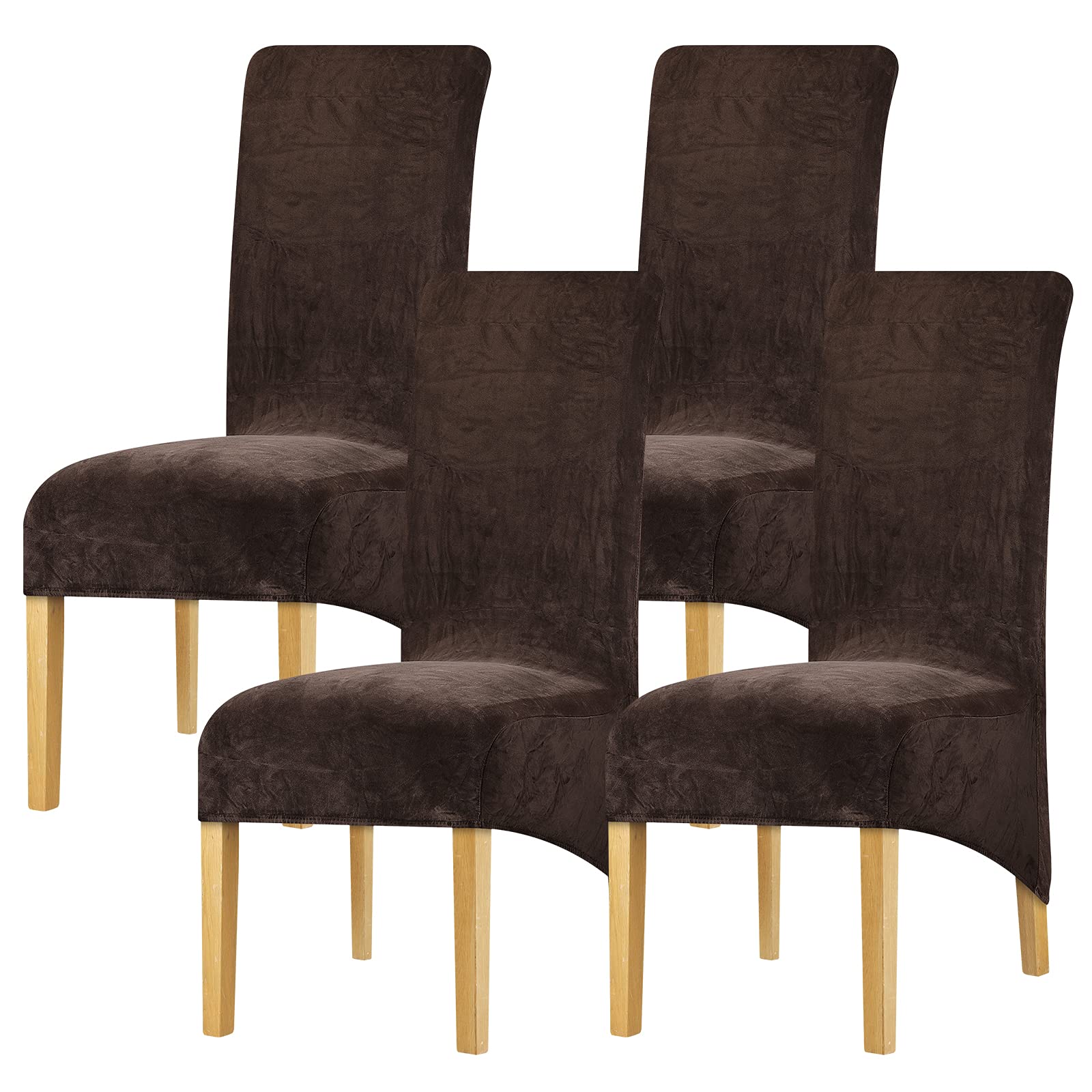 Leorate XL Chair Covers Stretch Velvet Chair Slipcover Roll Top High Back Chair Protector for Dining Room Wedding Party Restaurant Dark Coffee Pack of 4