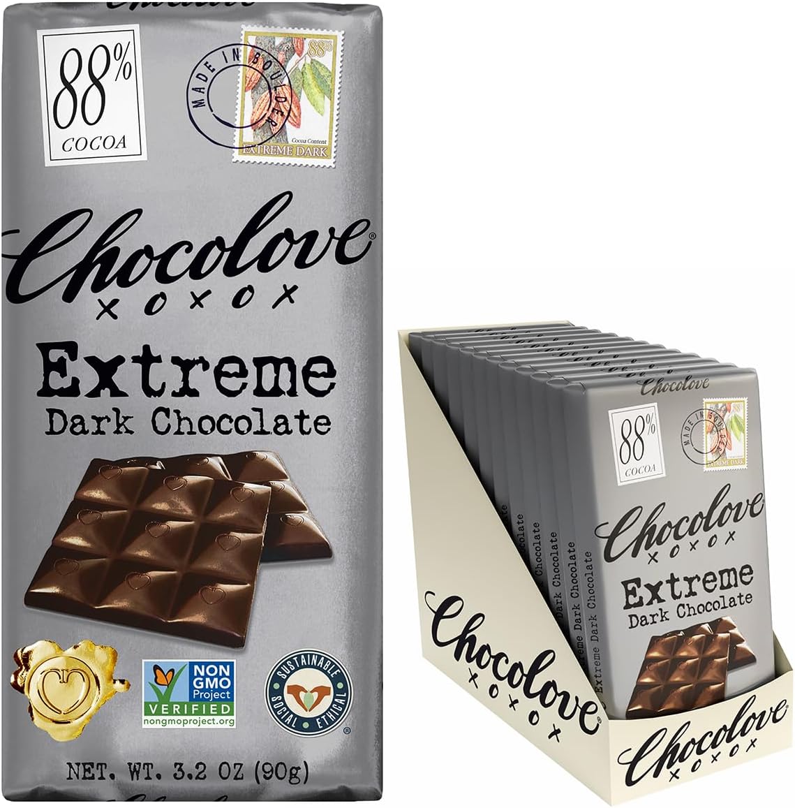 Chocolove Extreme Dark Chocolate Bars | 88% Cocoa | Rich and Intense Flavor | Made with Premium Dark Chocolate | Non-GMO & Gluten-Free, 3.2 oz Bar (12 Pack)