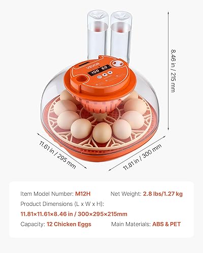 Miniatura 7 de VEVOR Incubadora de 12 huevos, girador automático de huevos con vela LED, control de temperatura y humedad, ventana transparente de visión de 360°