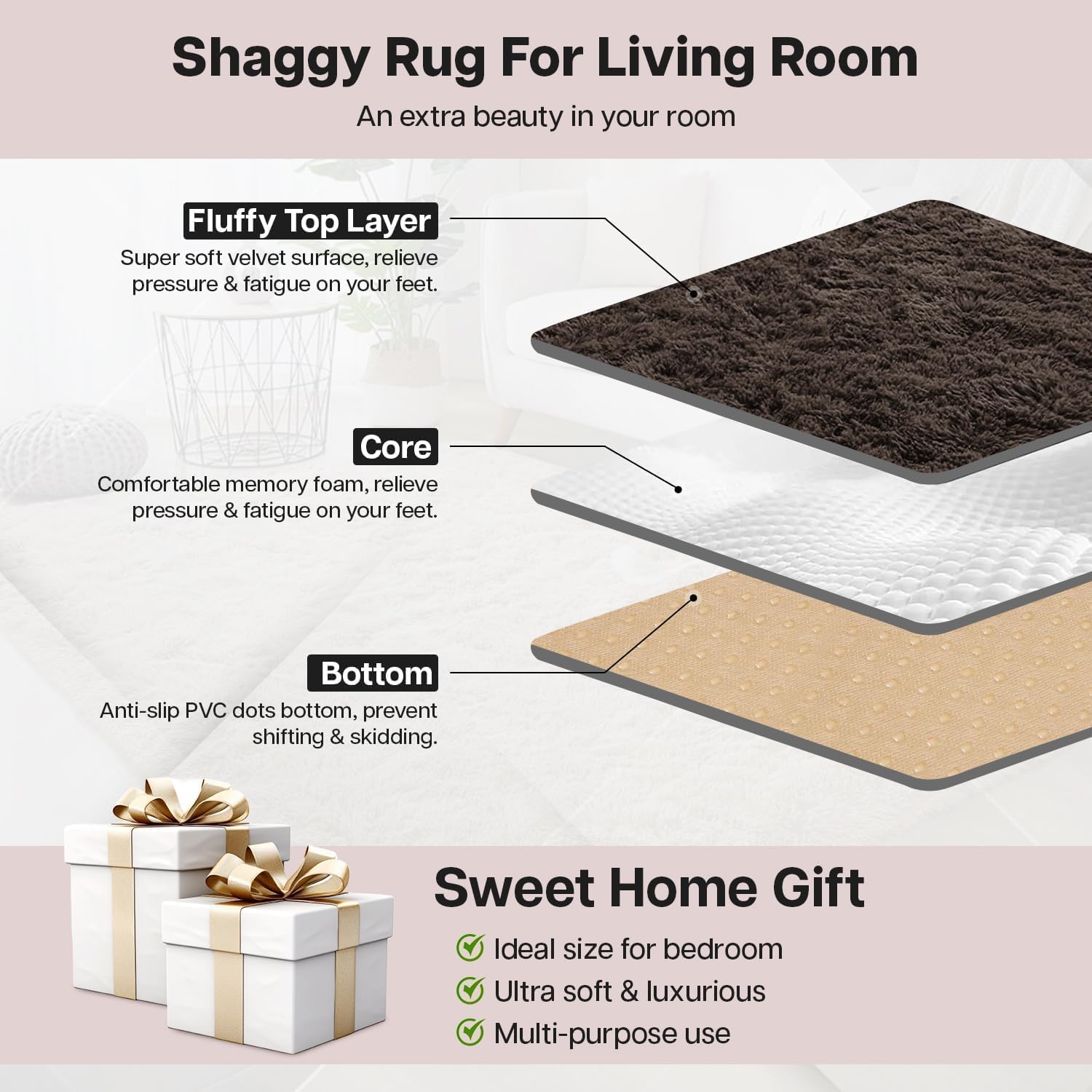MOONLIGHT20015 Shaggy Area Rugs for Living Room Bedroom 3x5 Feet Brown, Fluffy Soft Throw Rug for Entryway Indoor Floor Carpet, Fuzzy Shag Rug for Nursery Girls Boys Kids Rooms, Dorm, Home Décor