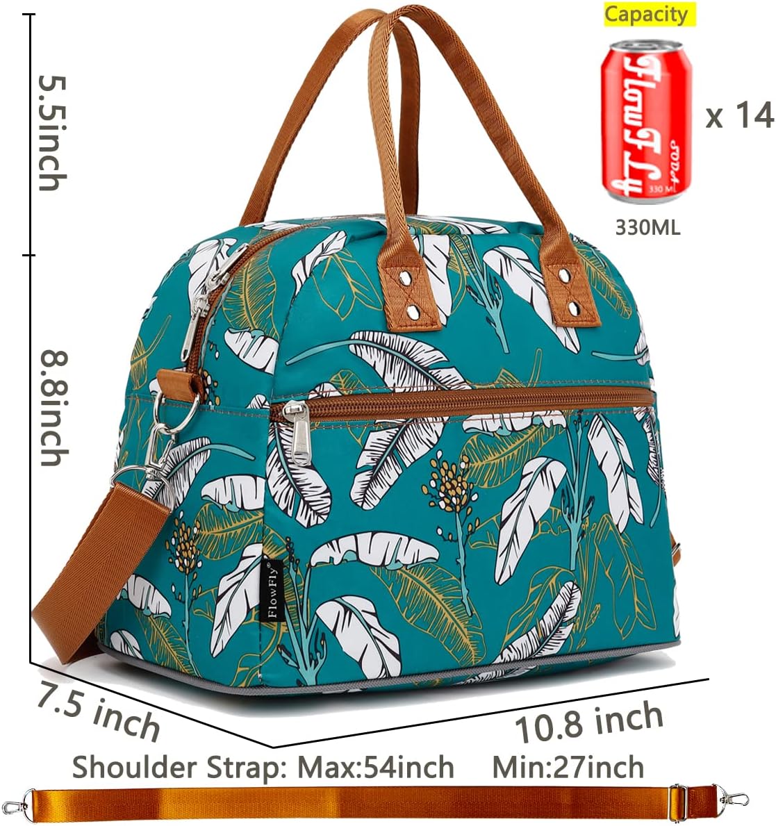 FlowFly Insulated Lunch Bag With Shoulder Strap for Women, Men, and Kids, Large and Reusable, Handle, Freezable Work and School Travel Tote and Meal Prep Organizer, leaves image 3