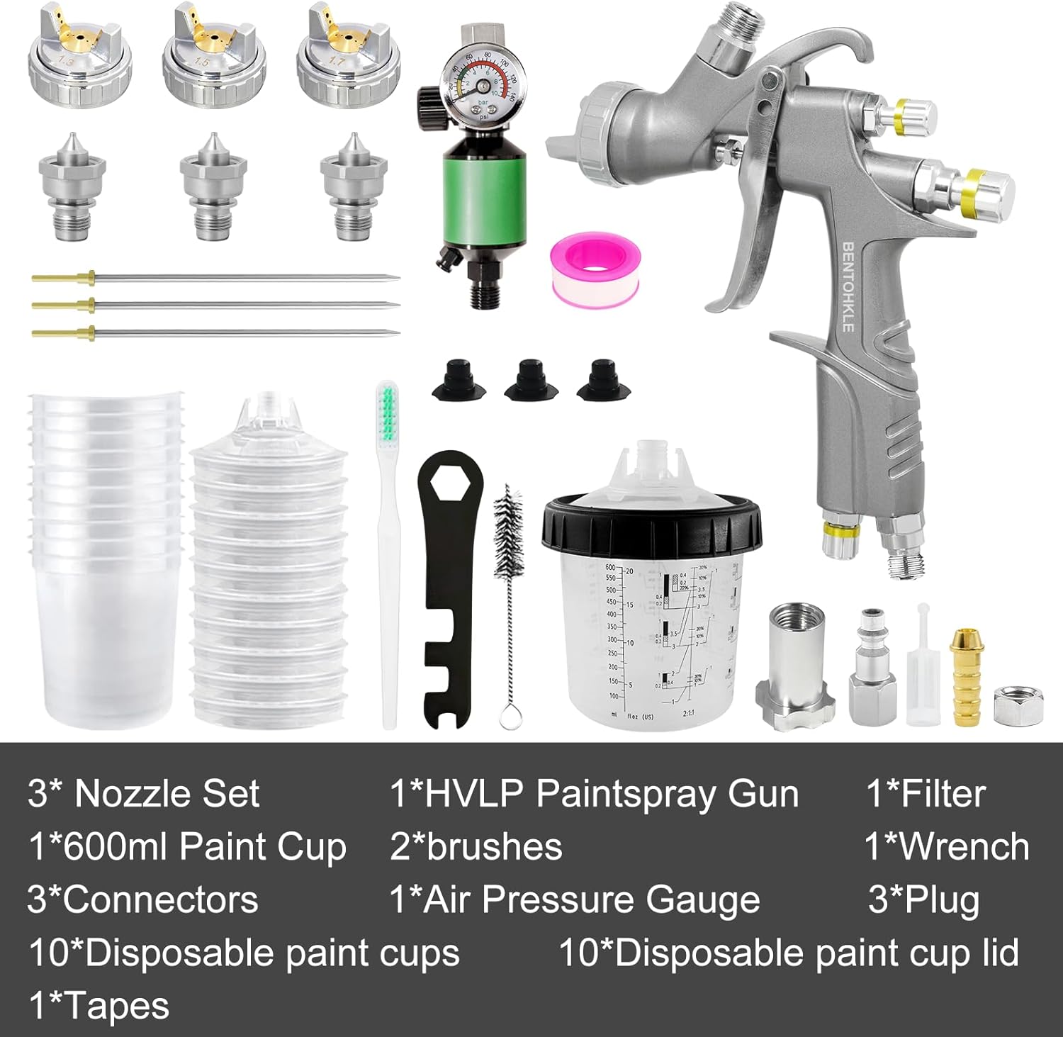 D1 LVLP Air Spray Gun Kit with 10Pcs 600ML Disposable Mixing Cups 1.3/1.5/1.7mm Nozzles Automotive Paint Gun Sprayer for Car House Painting Furniture