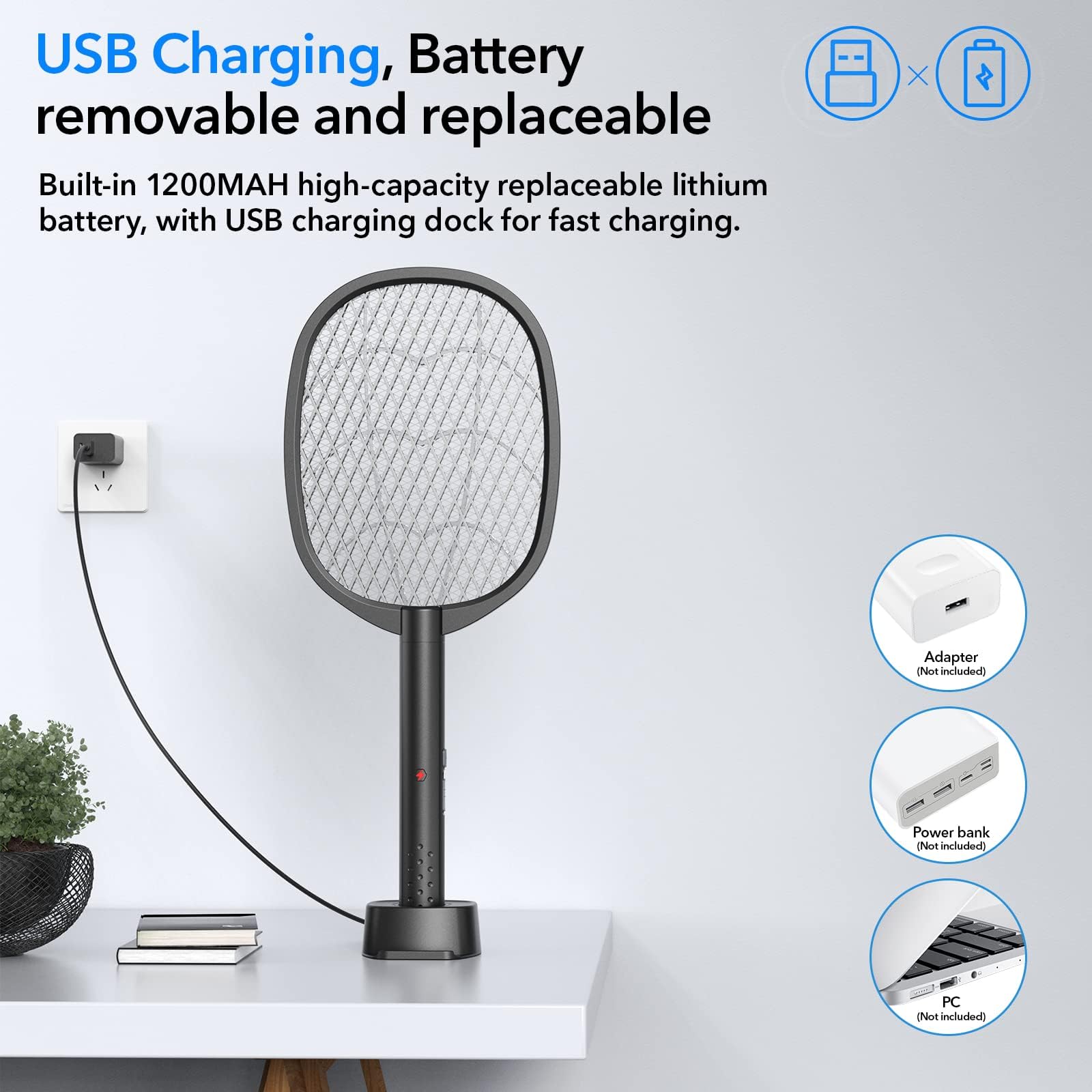 DEEZEE 2 Pack Electric Fly Swatter 2 in 1 Bug Zapper Racket & Mosquito Zapper,4000V with USB Charging Base，Powerful Mosquito Swatter with 3 Layers of Safety Net Suitable for Indoor and Outdoor…