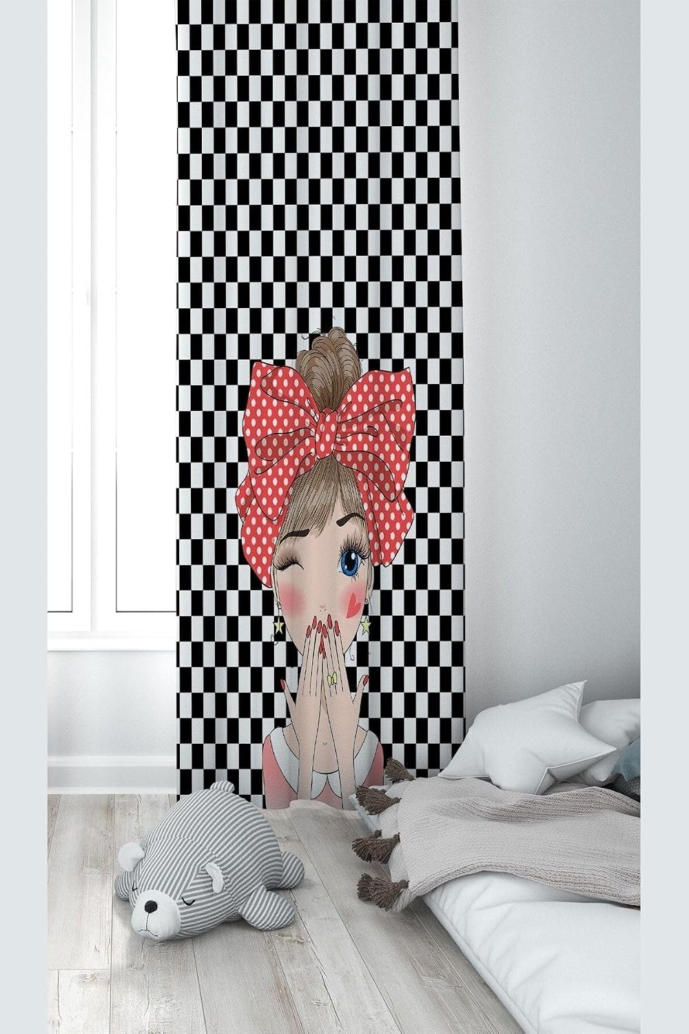 Pelangi Siyah Beyaz Şaşkın Kız Desenli Dijital Baskı Yıkanabilir Bebek Çocuk Odası Fon Perdesi, siyah-beyaz 140 x 270