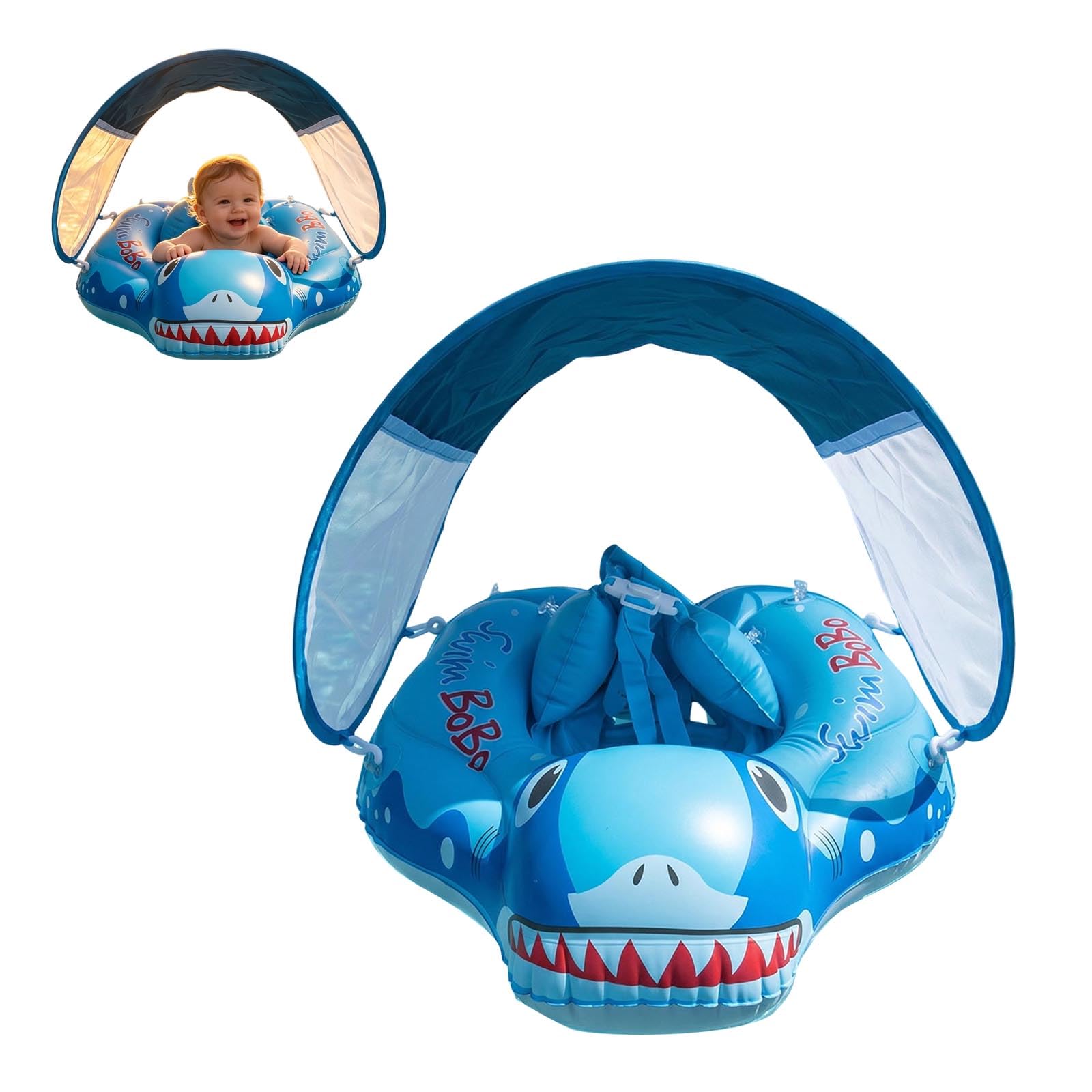 Baby Pool Float With Canopy, Upgraded Baby Pool with UPF50+ Sun Canopy, Safety Bottom Support, Anti Rollover Airbag, Babies Swimming Ring Gifts, for 0-36 Months Kids