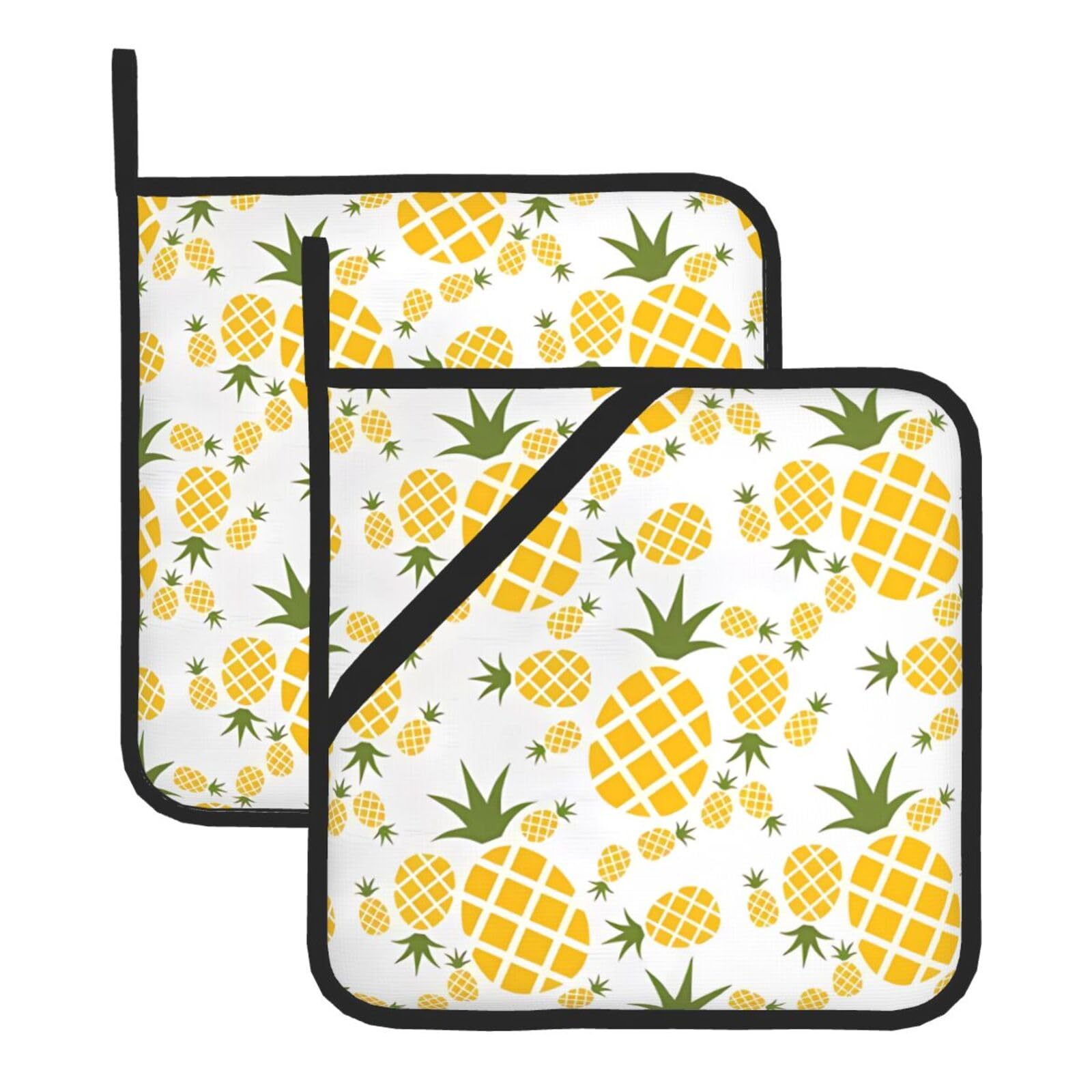 WHJSSF Pineapple Prints Square Pot Holders - Heat Resistant Kitchen Trivets 2-Pack - Waterproof Covers for Hot Dishes, Oven & Grill with Hanging Loop