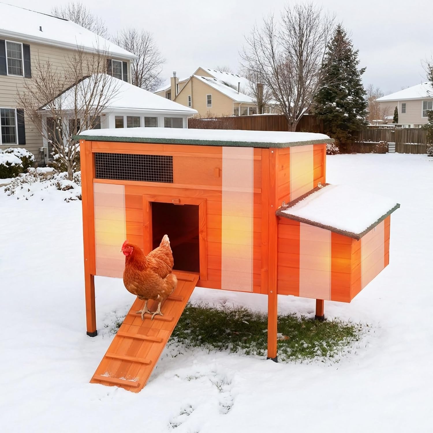 Insulated Chicken Coop Weatherproof Wooden Chicken House with Asphalt Roof, Elevated Design, 2-in-1 Ramp Door & Pet Hutch
