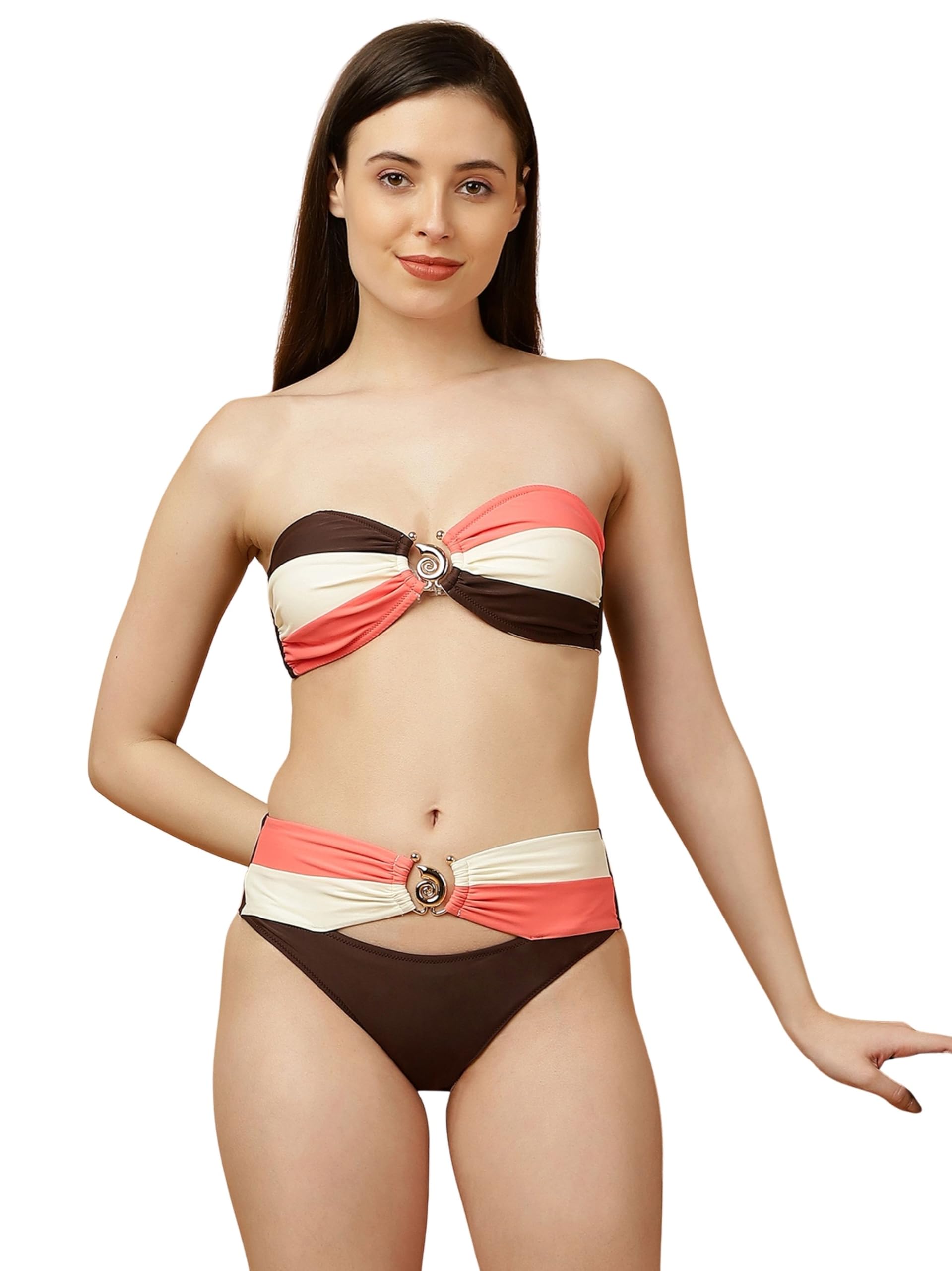 soie Women's Colour Block Padded Bandeau Bikini Set | Anti-Slip | Side Bone Support | Fancy Metal Accessory | Tie Back Closure |-picture-48