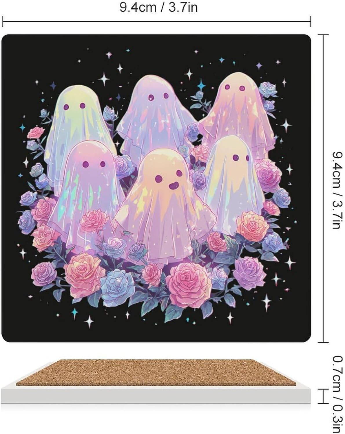 Cute Ghost Coaster for Drinks Square Ceramic Table Coasters Stone Mat Crafts 6PCS Home Kitchen Decor