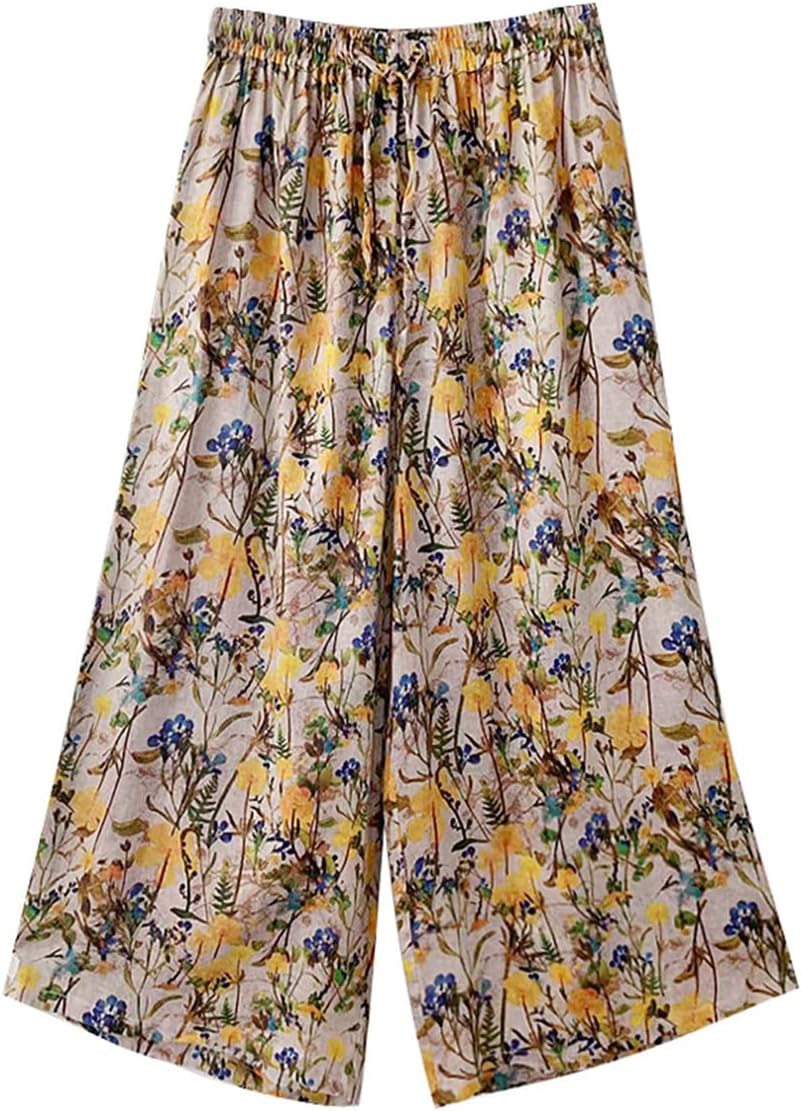 NFYM Women's Casual Summer Wide Leg Elastic Waist Linen Tropical Printed Boho Hippie Palazzo Pants with Drawstring