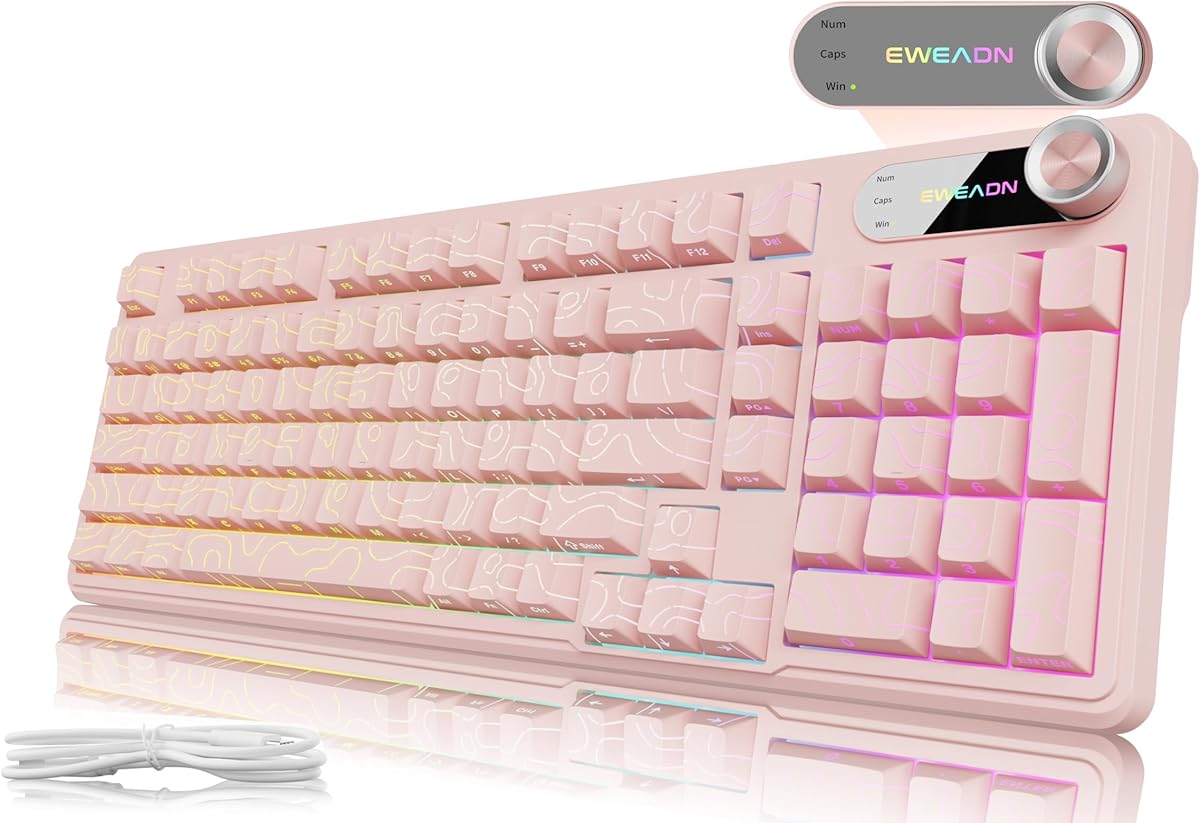 V102 Wired Keyboard, 98 Keys Creamy Gaming Keyboard with Number Pad, Display Screen & Media Knob RGB Silent Wired Cute Computer Keyboard for Laptop PC Gamer - Light Pink