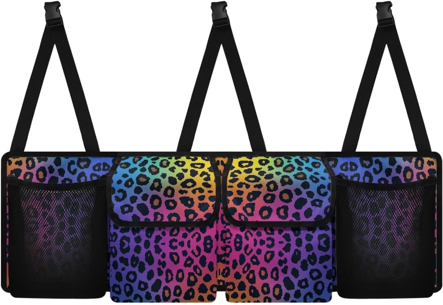 Rainbow Leopard Print Hanging Trunk Organizer Large Capacity Back of Seat Car Organizer with 4 Pockets & Buckle Straps, Waterproof Car Accessories for SUV Truck Sedan