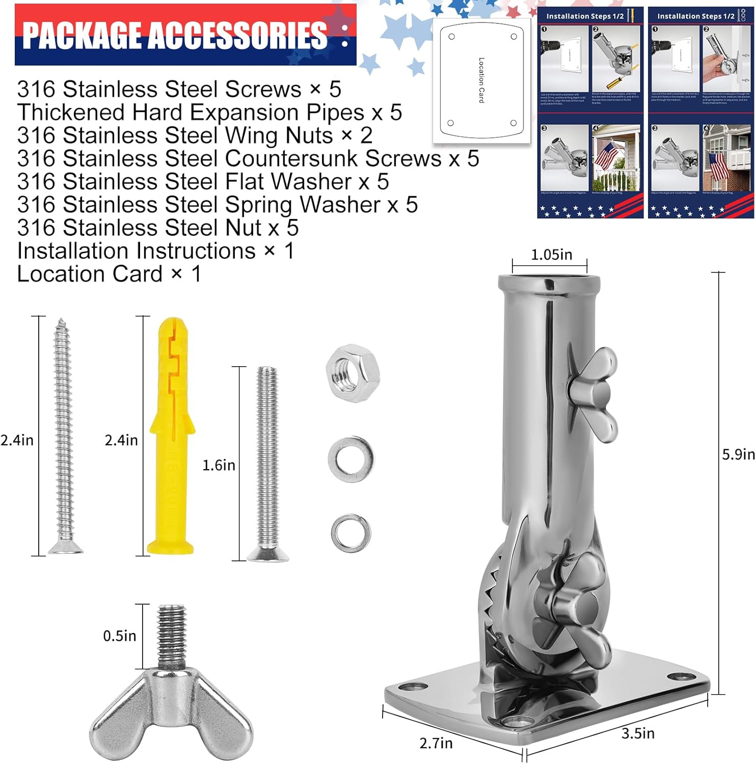 316 Stainless Steel Flag Pole Holder, Marine Grade Ultra Heavy Duty Flag Pole Mount, Outside House Flag Pole Bracket, Flagpole Mounting Bracket, Outdoor Adjustable Flag Holder - Mirror Polishing, 1 in - Image 5