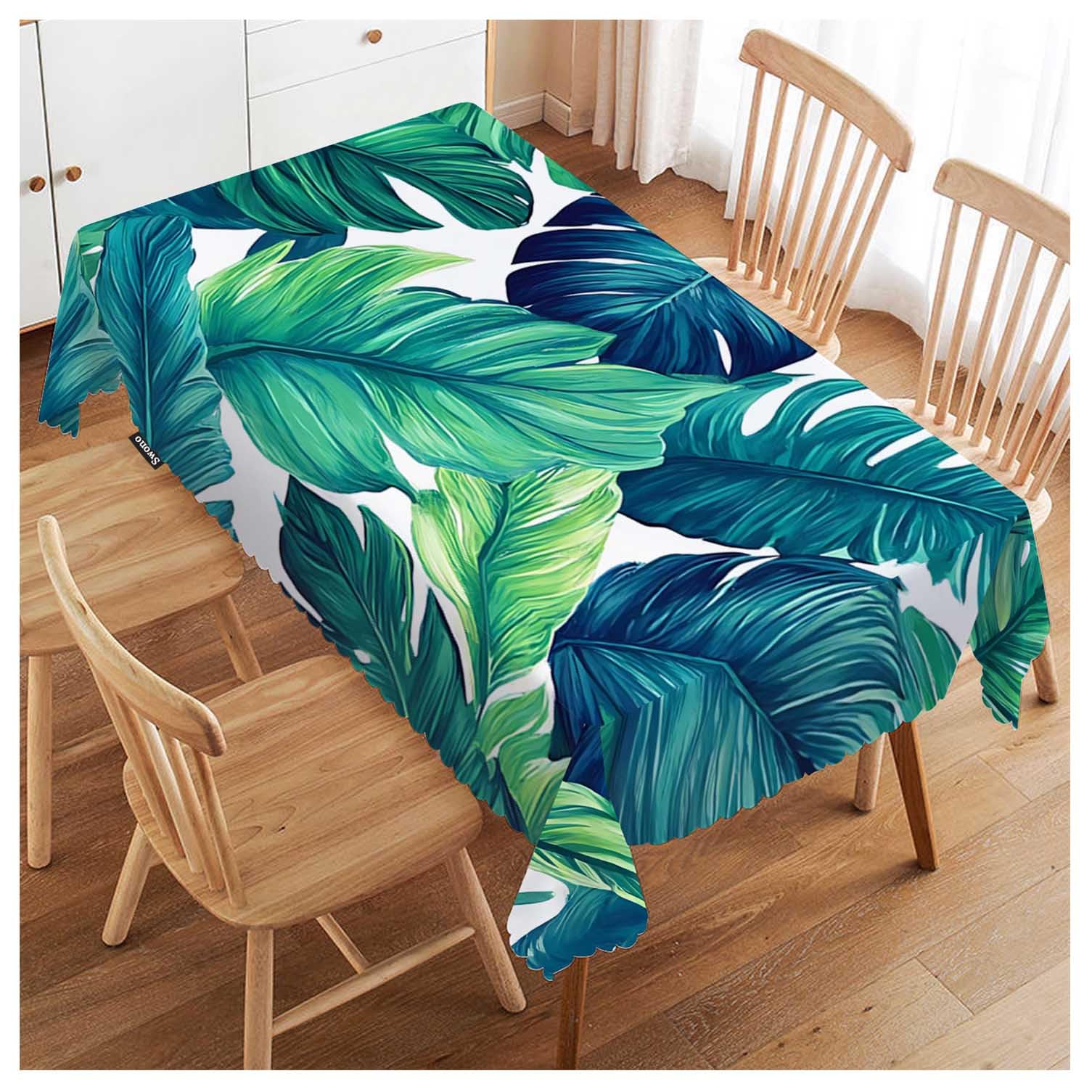 FJQWKLF Tropical Leaves Tablecloth Ocean Beach Turquoise Green Palm Leaves Rectangle Table Cloth Washable Plaid Table Cover for Kitchen Holiday Dinner, 52x 70 Inch Tablecloth