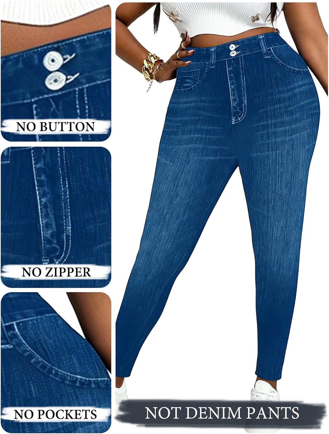 Stretchy Pants for Women Plus Size,Elastic High Waist Denin-Print-Look Skinny Leggings