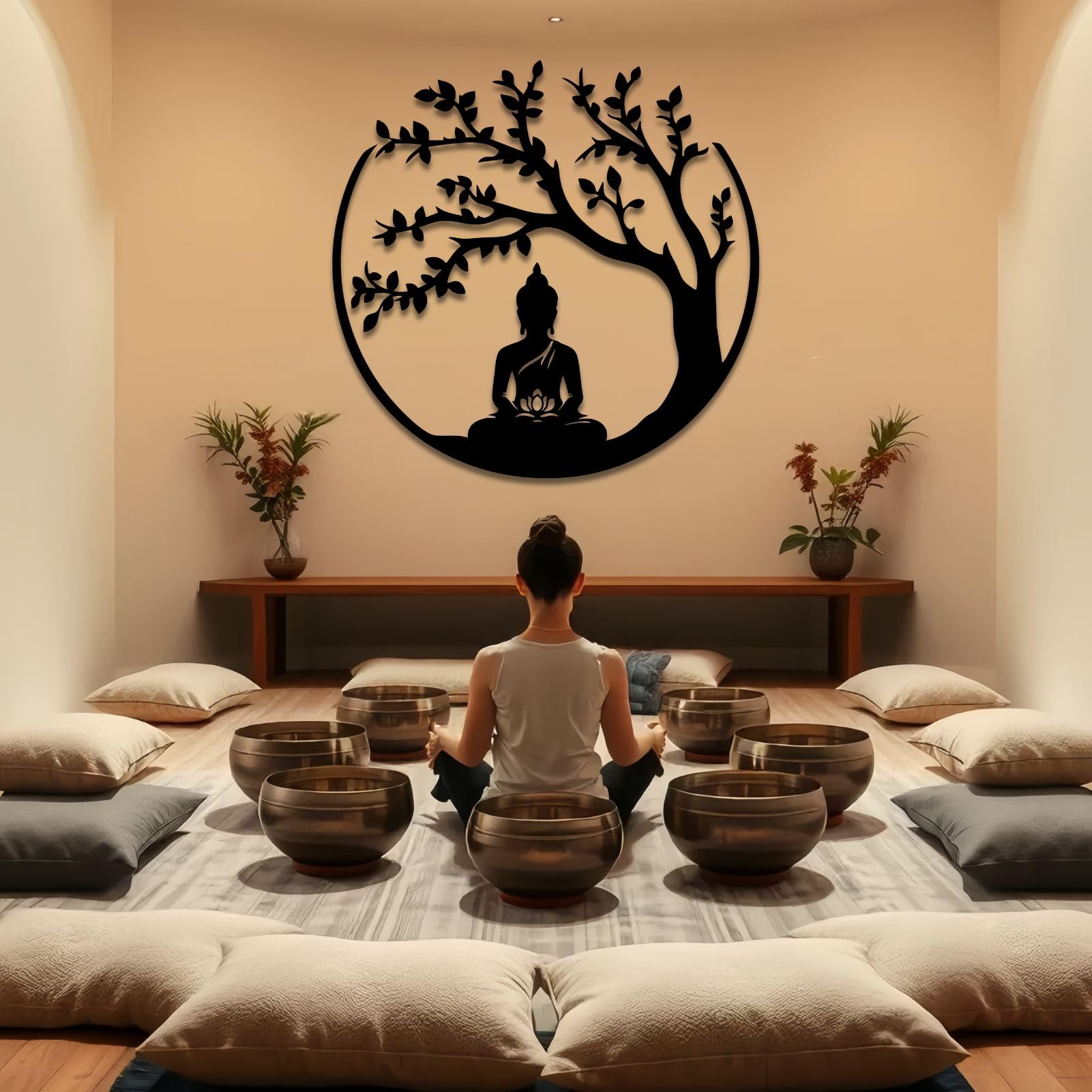 Décoration Murale 3D en métal représentant l'arbre de Vie et Bouddha, Art et méditation Zen pour Salon, Chambre ou Salle de Yoga (Noir, 70 x 69 cm)