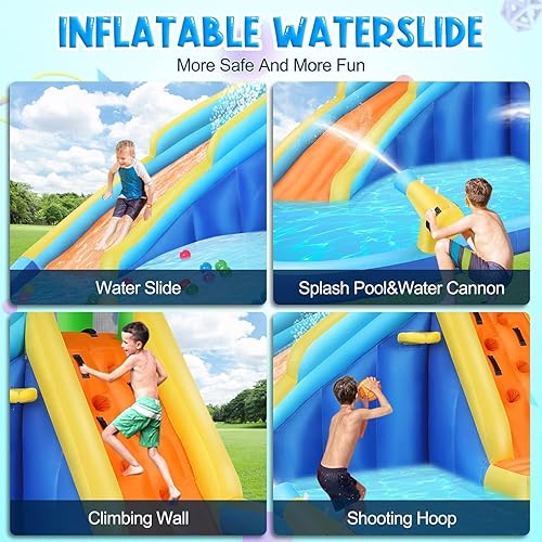 Miniatura 6 de AKEYDIY Tobogán acuático inflable y casa de rebote de agua de cocodrilo, parque de tobogán acuático inflable con piscina de salpicaduras, pared de