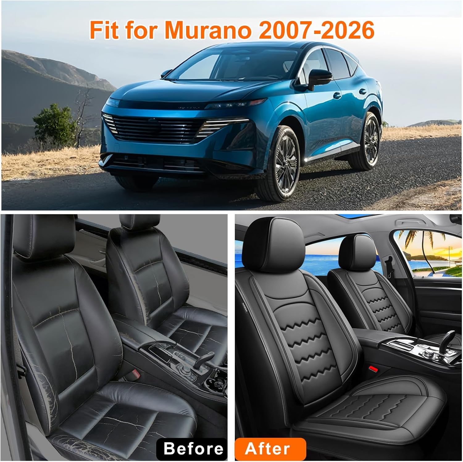Murano Car Seat Covers Custom Fit for Nissan Murano 2011-2025 2026, Full Coverage Leather Waterproof Breathable Seat Covers, Automotive Seat Protectors, Airbag Compatible(2 Front Seats, Black)