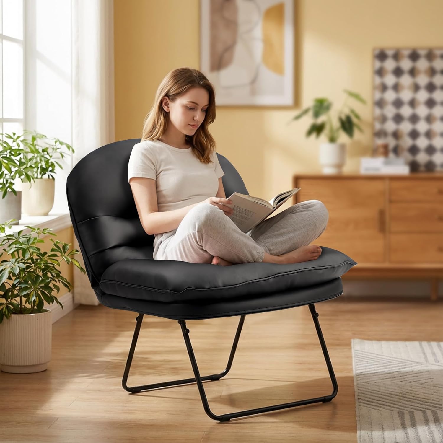 DUMOS Comfy Saucer Chair,PU Leather Foldable Chairs for Bedroom, Dorm & Gaming, Foldable Fashion Floor Chair with Back Support for Small Spaces,Black