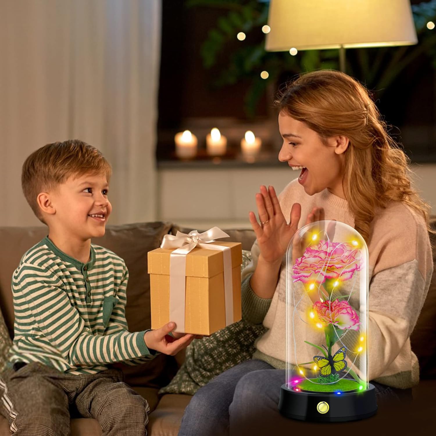 QUELIEN Mothers Day Carnation Flowers Gifts for Mom,Pink Artificial Carnation in Glass Dome with Led Light for Mother's Day,Birthday,Christmas