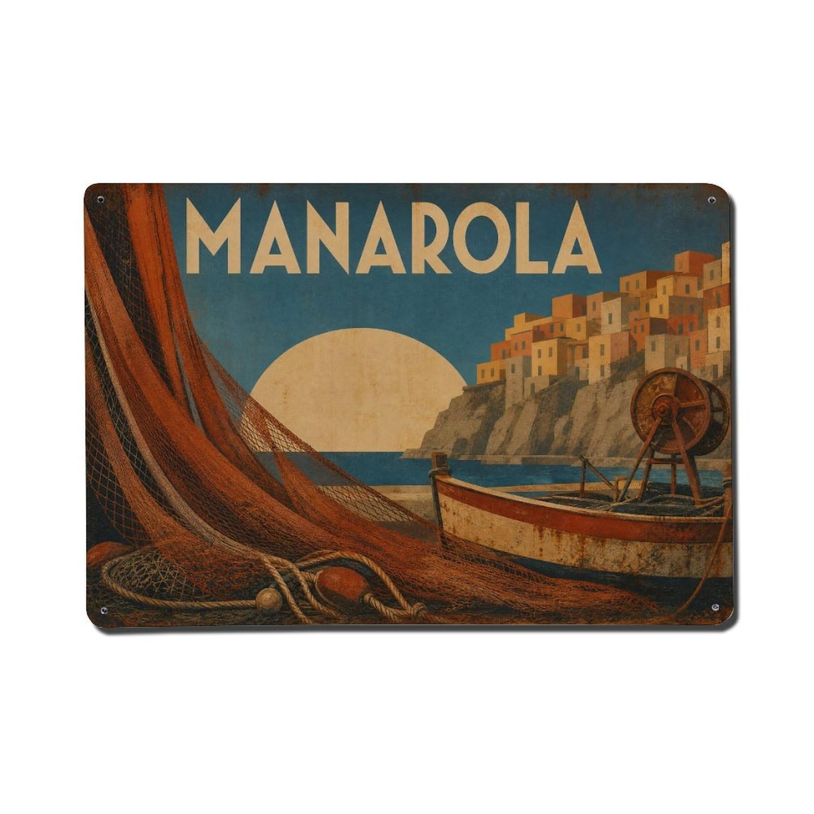 Vintage Travel Manarola Fishing Nets Harbor Scene Italy Metal Tin Sign