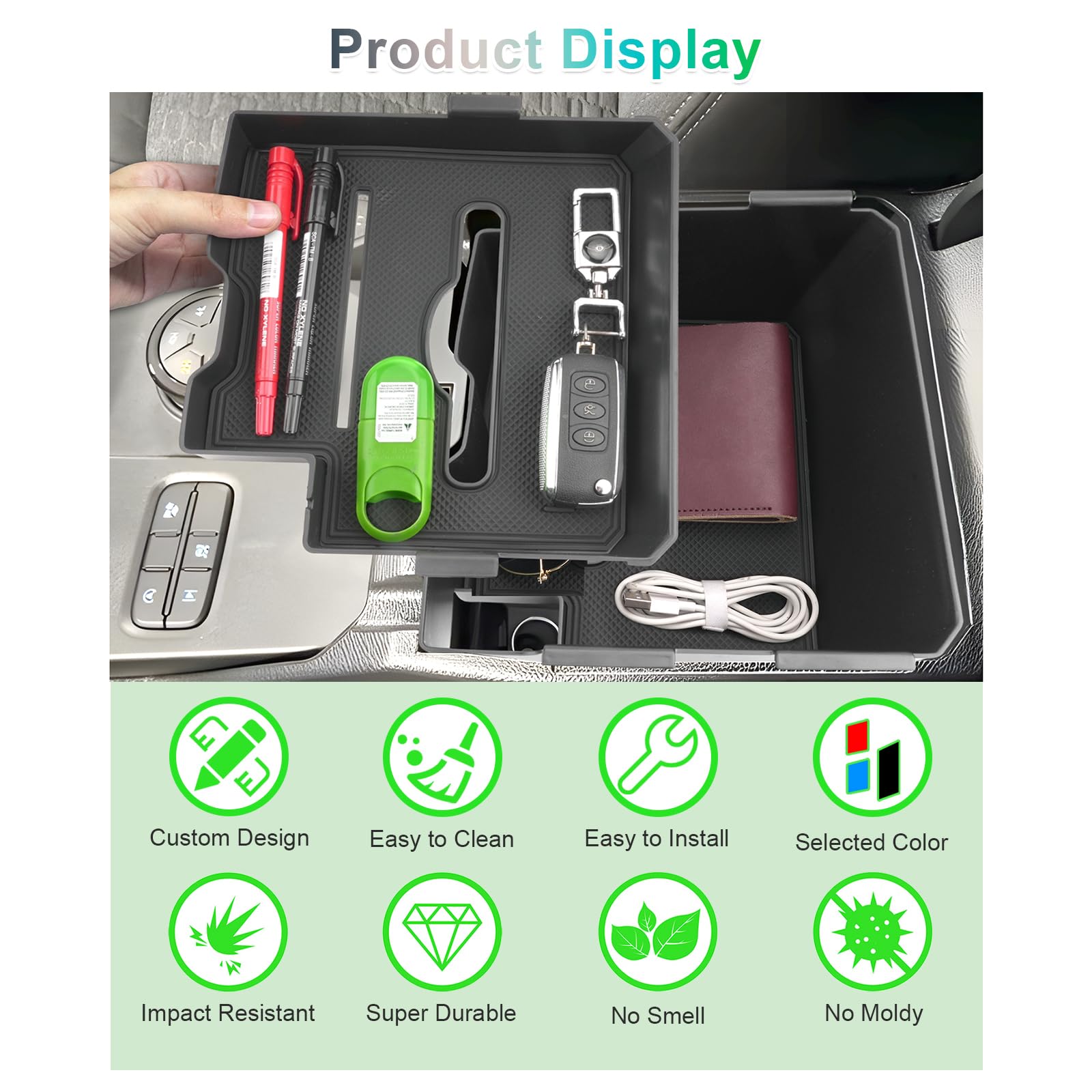 LANGBEAN 2Pcs Organizer Bracciolo per Ford Ranger T9 2023-2026, Console Centrale Vano Portaoggetti con Tappeti Antiscivolo per Ford Ranger Raptor Wildtrak (Freno Elettronico