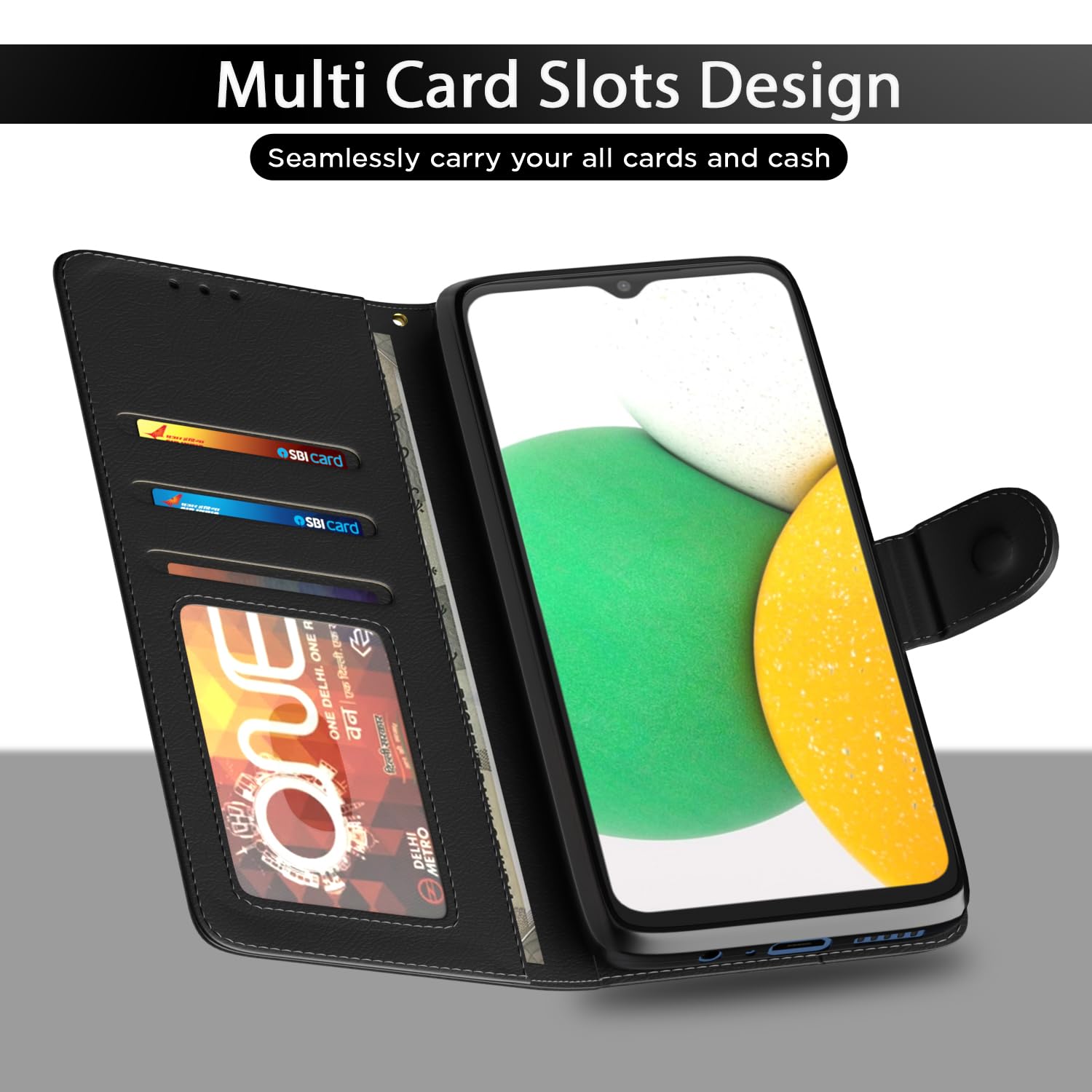 Pikkme Samsung Galaxy A03 Core Flip Case Leather Finish | Inside TPU with Card Pockets | Wallet Stand and Shock Proof | Magnetic Closing | Complete Protection Flip Cover (Black) 3