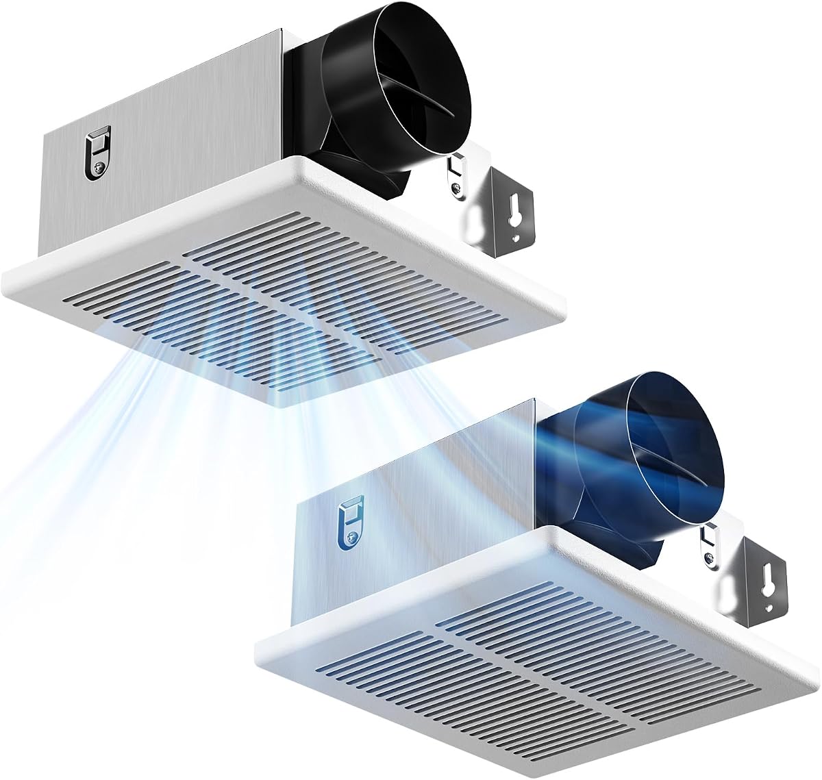 Extractor de aire para baño Amico, paquete de 2, 80 CFM, 1.0 Sones, certificado UL | Ventiladores de ventilación modernizados montados en el techo, de poco ruido, no se necesita acceso al ático, conducto de 4 pulgadas, apertura del techo de 7,6 x 7,3 pulgadas