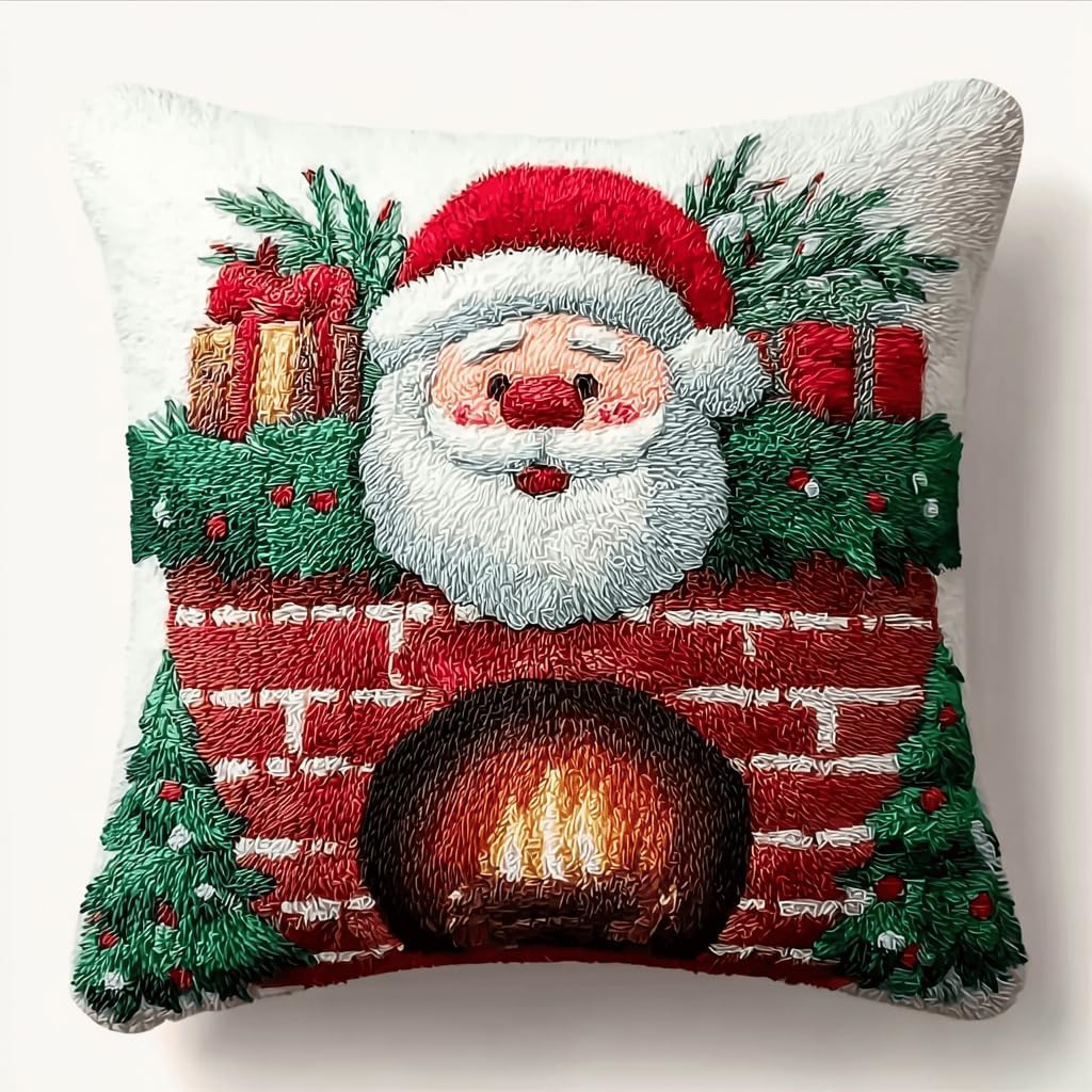 Christmas Latch Hook Pillow Making Kit,Beginner Level DIY Crochet Rug Craft with All Supplies,17x17 in Grid Canvas,Seasonal Yarn Latching Set for Family Bonding,Cozy Festive Hobby Enthusiasts-17