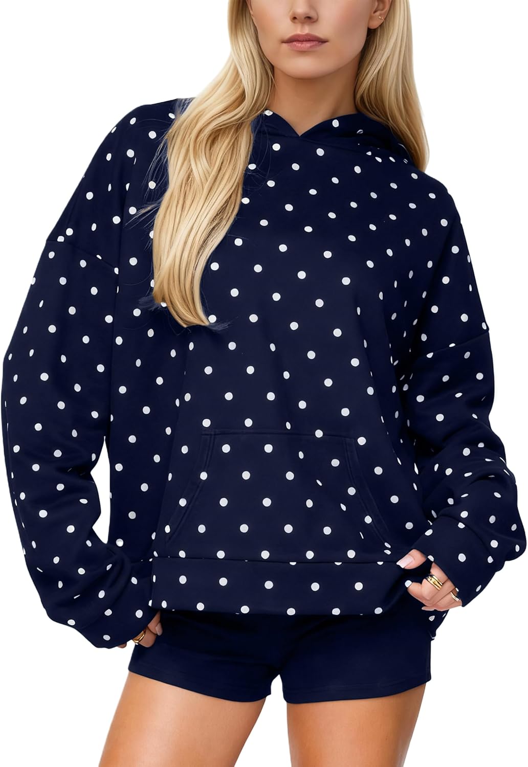 Women Polka Dot Hoodie Oversized Fleece Hooded Sweatshirt Long Sleeve Drop Shoulder...