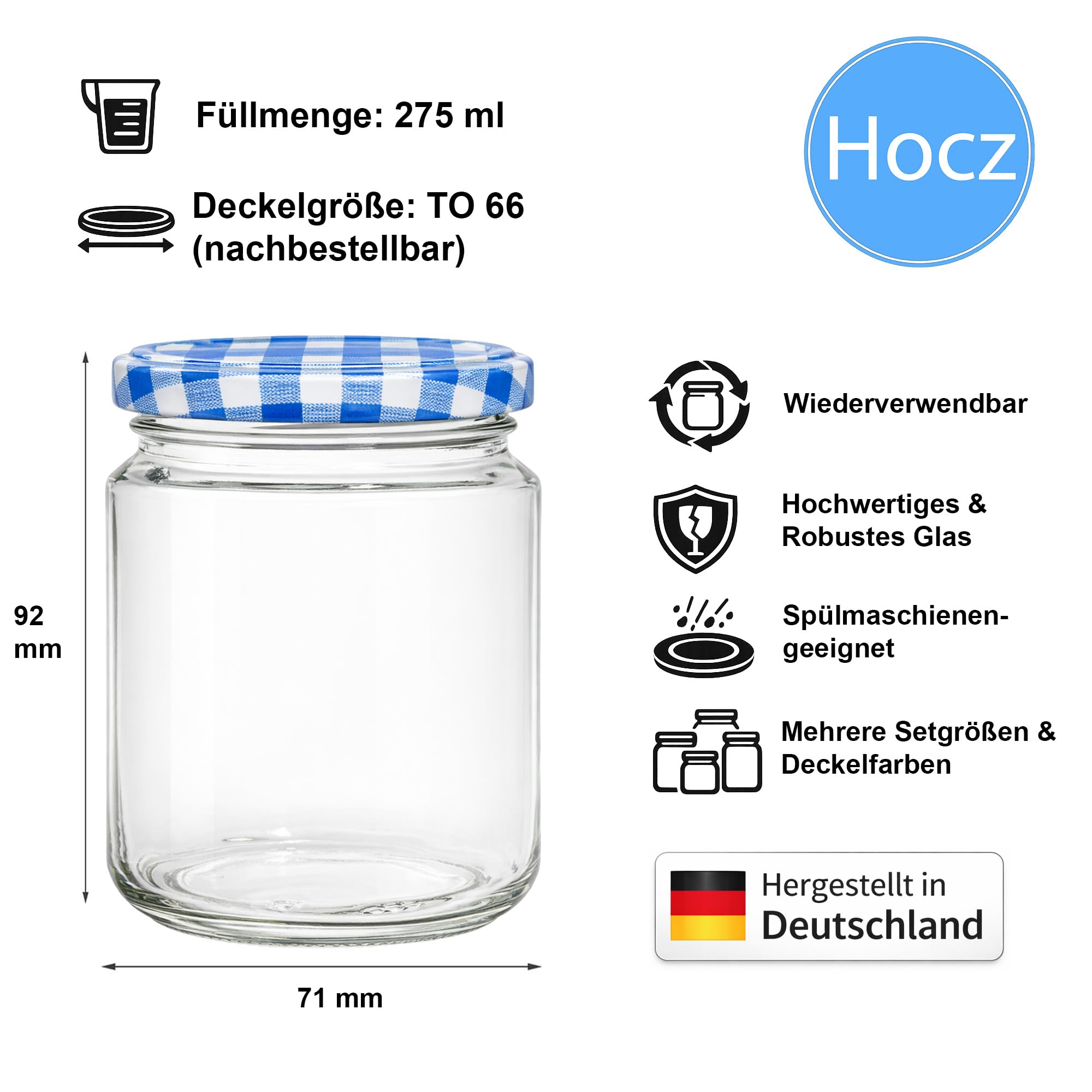 hocz 100x Marmeladengläser 275 ml | mit Deckel Blau Kariert TO 66 | Einmachgläser mit Schraubdeckel zum befüllen | Sturzgläser Marmelade Schraubgläser | leere Gläser Set | 100 Stück