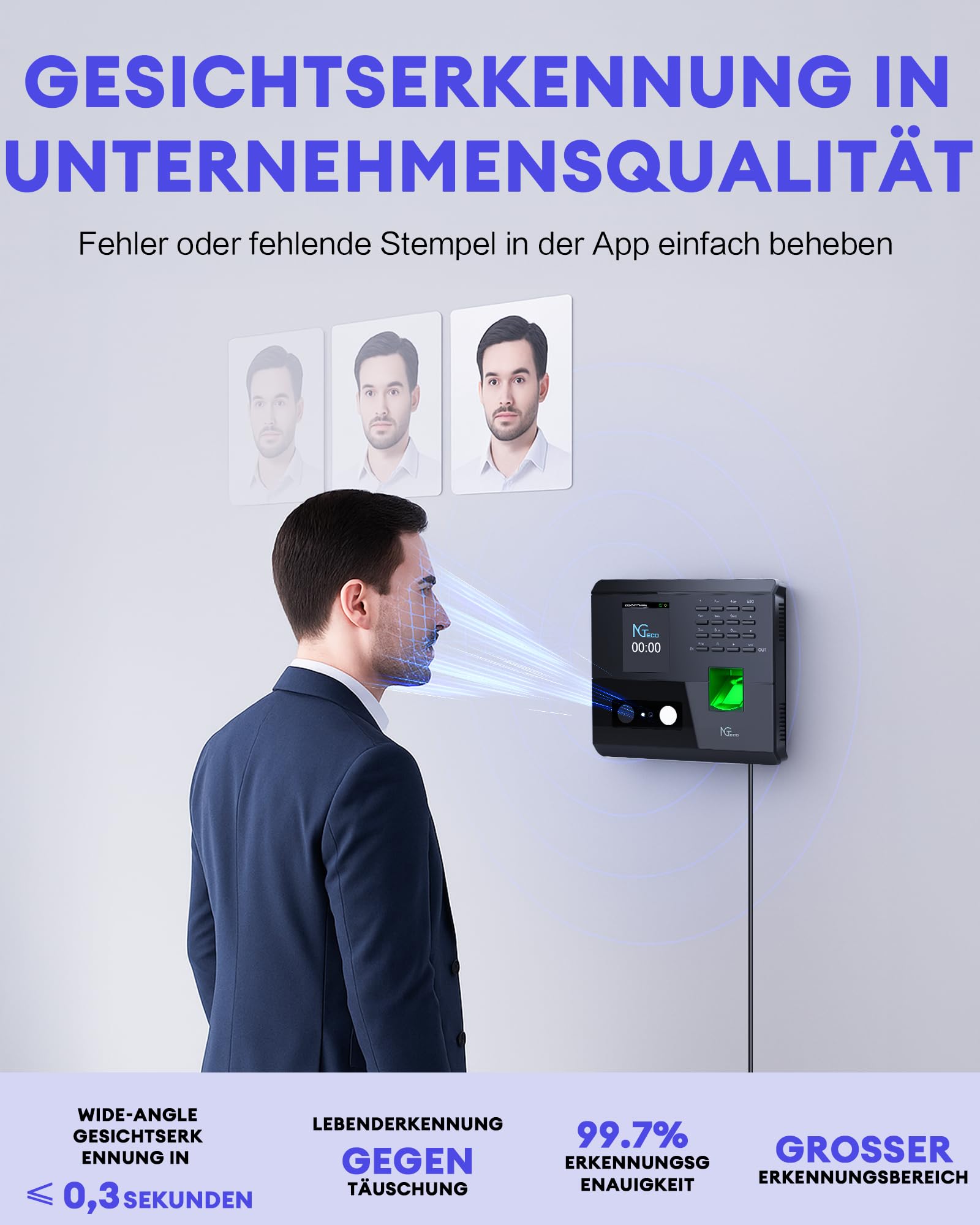 NGTeco Zeiterfassungsgerät für kleine, Fingerabdruck- und Passwort-Anwesenheitsmaschine, Effiziente Mitarbeiterzeitverwaltung für kleine Unternehmen (Deutsch)