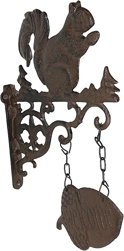 Ebros Gift Ardilla de hierro fundido rústico con diseño de pergamino, estilo vintage, estilo de campo occidental, con letrero de bienvenida,