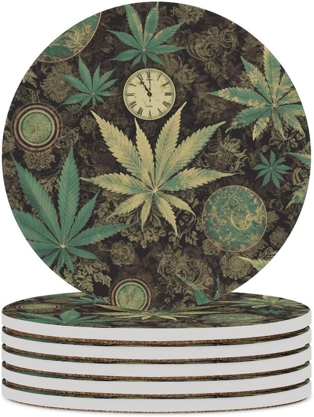 6PCS A Puff in Time Weed Marijuana Coasters Non-Slip Round Drink Coasters with Ceramic Stone and Cork Base, Heat Resistant Absorbent 33.00Stone Coaster Set for Kinds of Mugs and Cups, 4 Inch