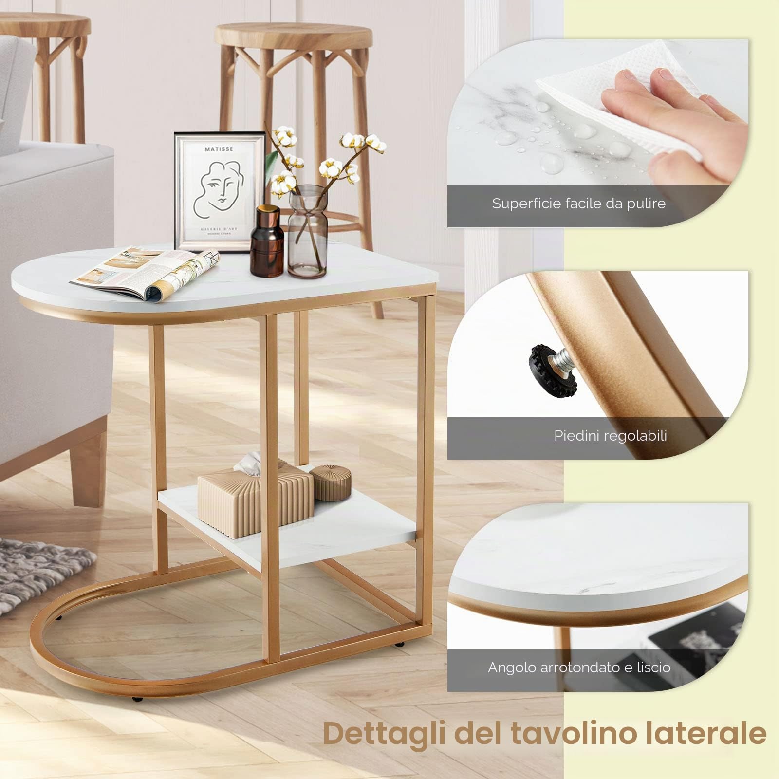 LIFEZEAL Tavolino effetto marmo, tavolino da caffè oro, divano a forma di C con ripiano, tavolo da soggiorno con struttura in metallo, tavolo laterale per soggiorno, camera da letto e ufficio, moderno