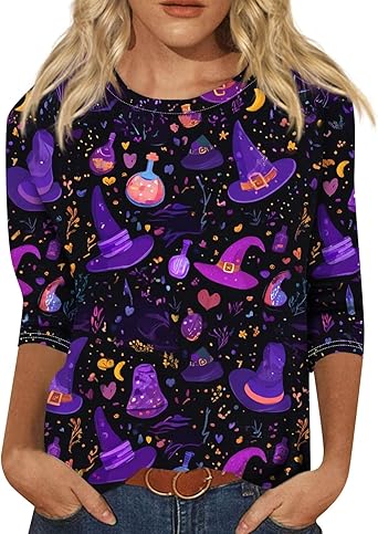 Halloween Shirts for Women 3/4 Sleeve Plus Size Crewneck Loose Fit Cute T Shirt Halloween Costumes for Women 2025