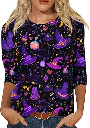 Halloween Shirts for Women 3/4 Sleeve Plus Size Crewneck Loose Fit Cute T Shirt Halloween Costumes for Women 2025