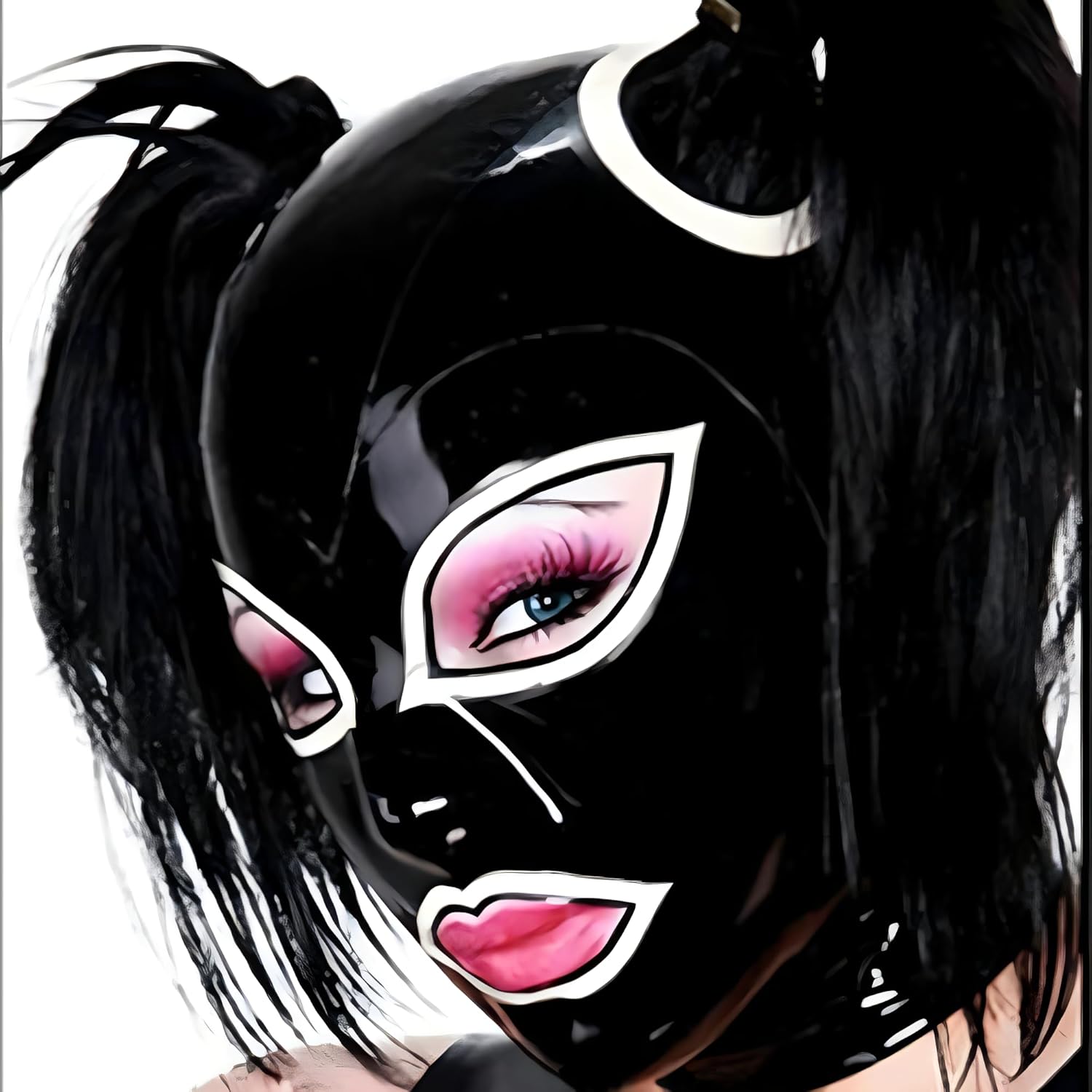 QBeautiful Girl Latex Hood Rubber Party Mask with Double Hair Braid Hole for Club Wear Cosplay